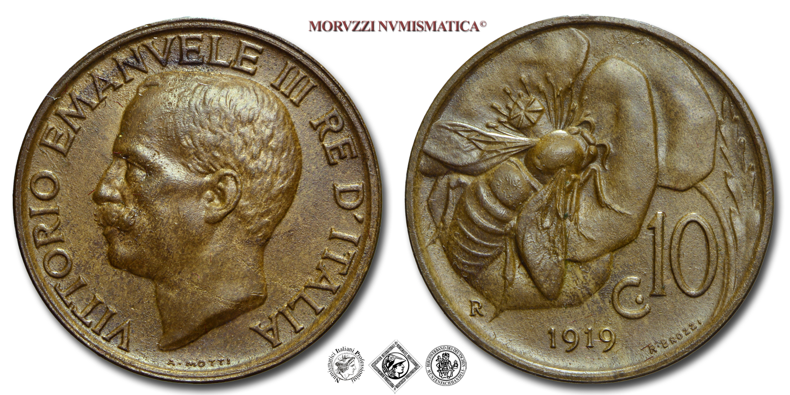 Regno d'Italia, VITTORIO EMANUELE III, 10 CENTESIMI, 1919, Ape, Zecca di Roma, RAME, FDC, (RR), (Pagani 864) / monete italiane moderne (moneta italiana moderna da collezione - Casa Savoia) | Moruzzi Numismatica