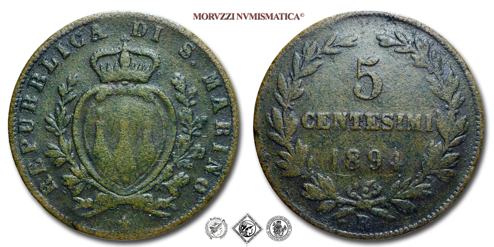 Repubblica di San Marino, VECCHIA MONETAZIONE, 5 CENTESIMI, 1894, Zecca di Roma, RAME, MB, (Pagani 379) / monete mondiali europee moderne (WORLD COPPER COINS - moneta mondiale europea moderna da collezione) | Moruzzi Numismatica