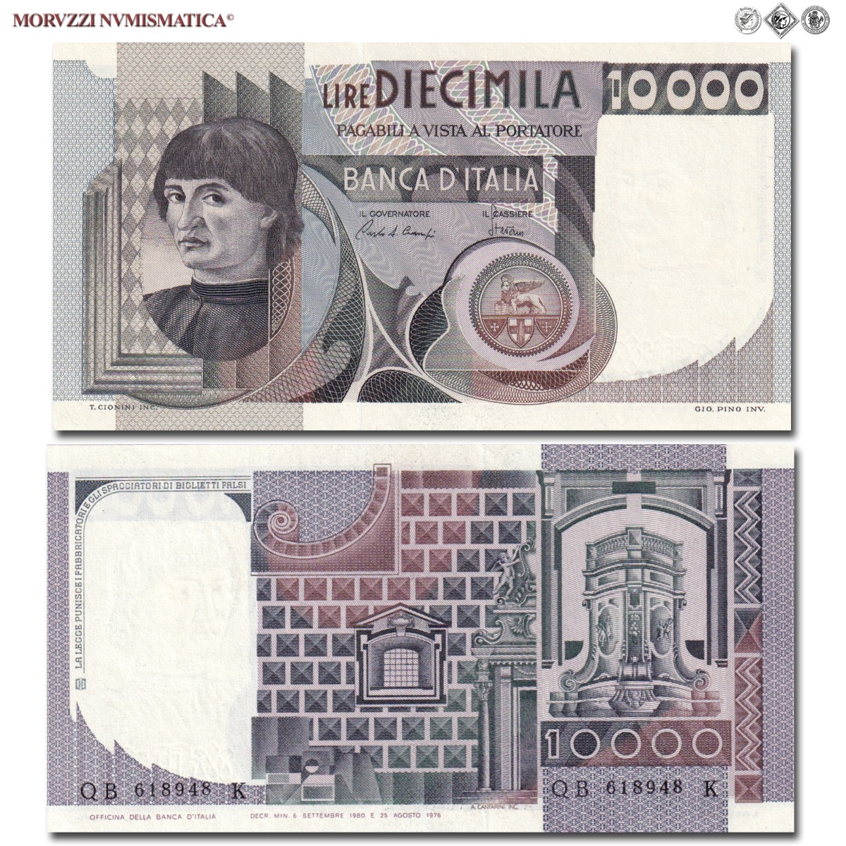 Repubblica Italiana, BANCA D'ITALIA, 10000 LIRE, 06.09.1980, Ritratto o busto d'uomo del Castagno "Machiavelli", Firme: Ciampi, Stevani, FDS, (Crapanzano 582) / banconote italiane (cartamoneta italiana da collezione - banconota da 10.000 lire) | Moruzzi Numismatica