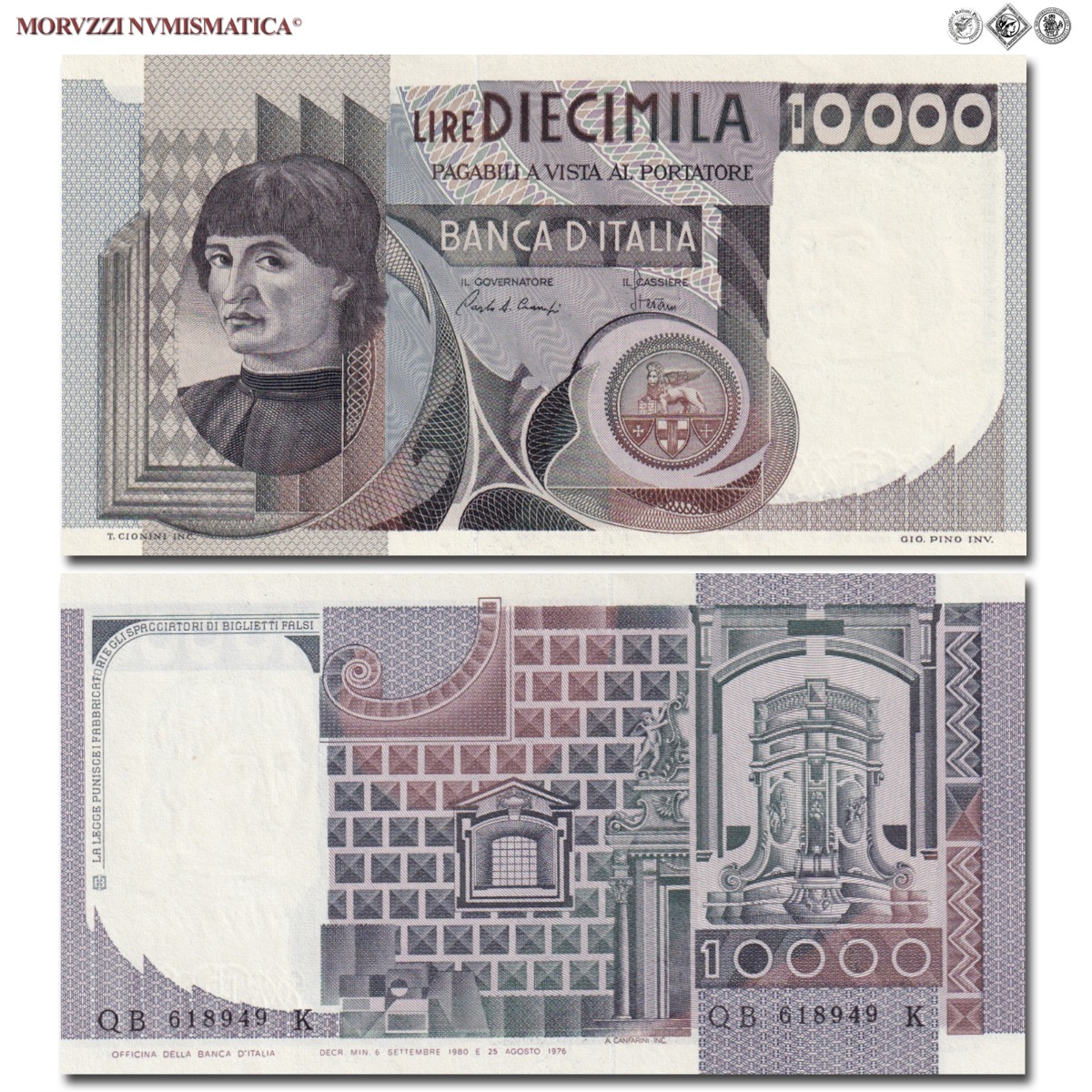 Repubblica Italiana, BANCA D'ITALIA, 10000 LIRE, 06.09.1980, Ritratto o busto d'uomo del Castagno "Machiavelli", Firme: Ciampi, Stevani, FDS, (Crapanzano 582) / banconote italiane (cartamoneta italiana da collezione - banconota da 10.000 lire) | Moruzzi Numismatica