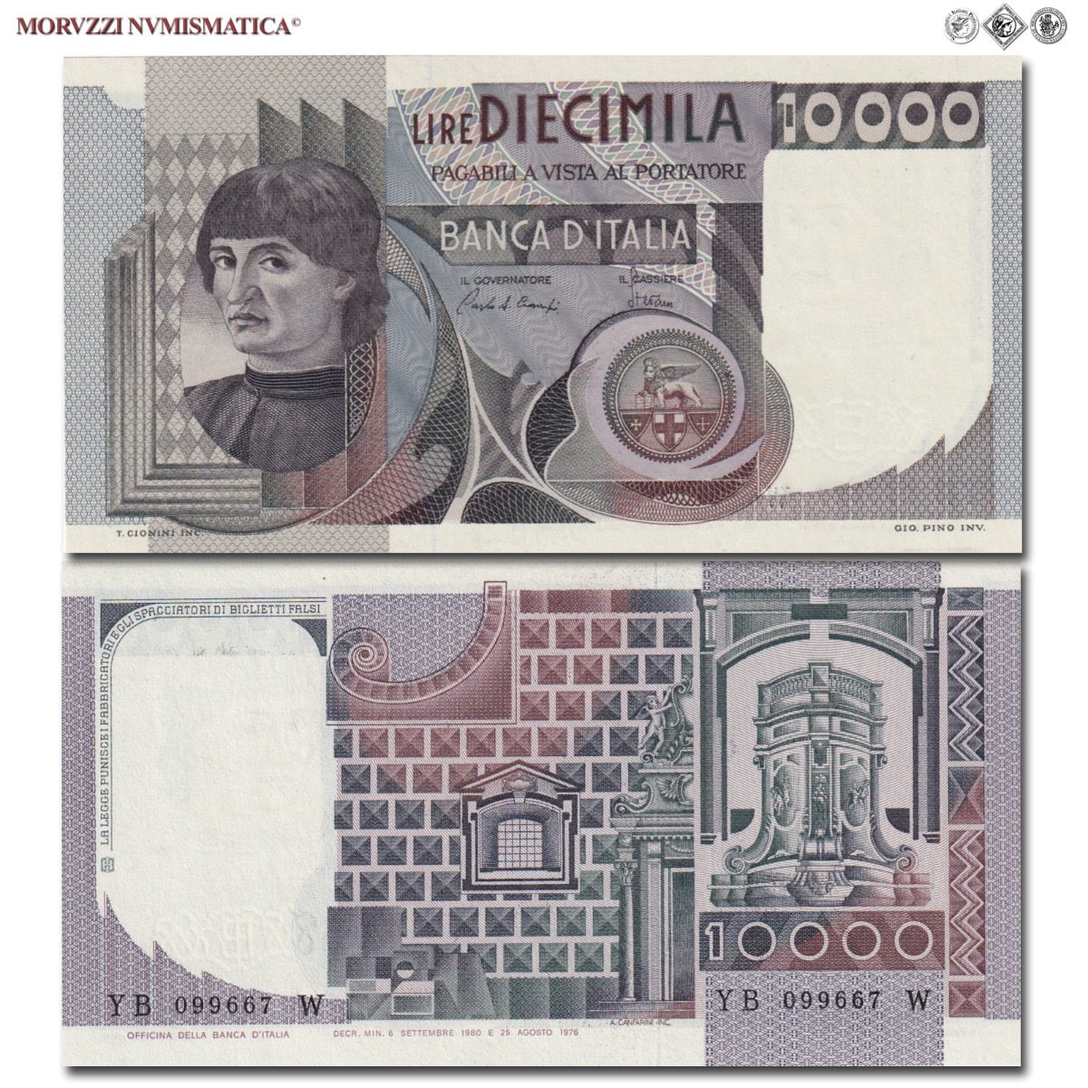 Repubblica Italiana, BANCA D'ITALIA, 10000 LIRE, 06.09.1980, Ritratto o busto d'uomo del Castagno "Machiavelli", Firme: Ciampi, Stevani, FDS, (Crapanzano 582) / banconote italiane (cartamoneta italiana da collezione - banconota da 10.000 lire) | Moruzzi Numismatica