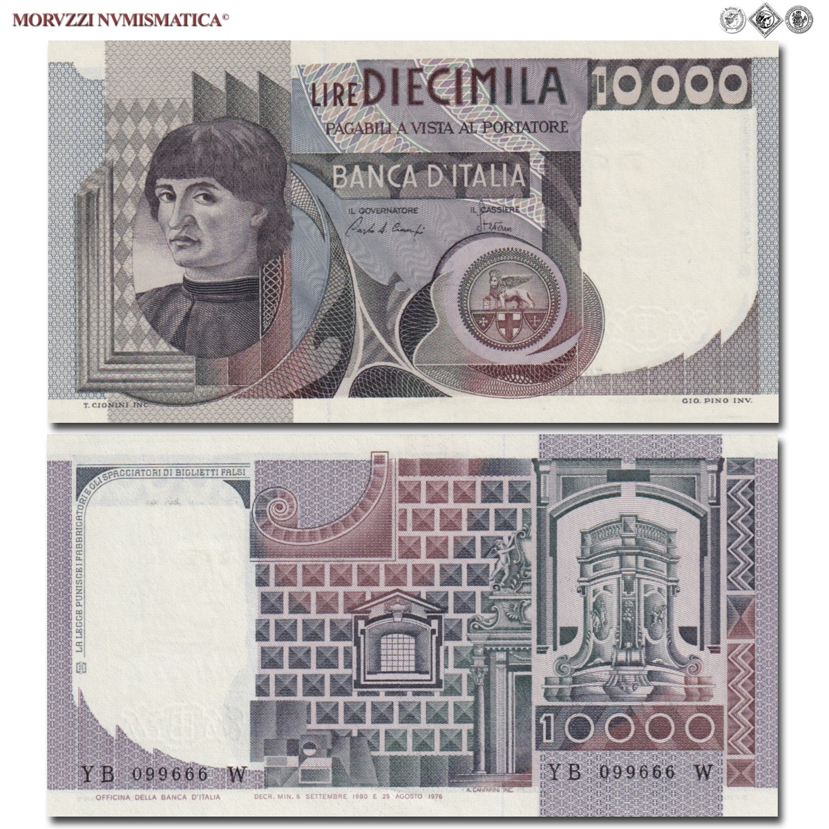 Repubblica Italiana, BANCA D'ITALIA, 10000 LIRE, 06.09.1980, Ritratto o busto d'uomo del Castagno "Machiavelli", Firme: Ciampi, Stevani, FDS, (Crapanzano 582) / banconote italiane (cartamoneta italiana da collezione - banconota da 10.000 lire) | Moruzzi Numismatica