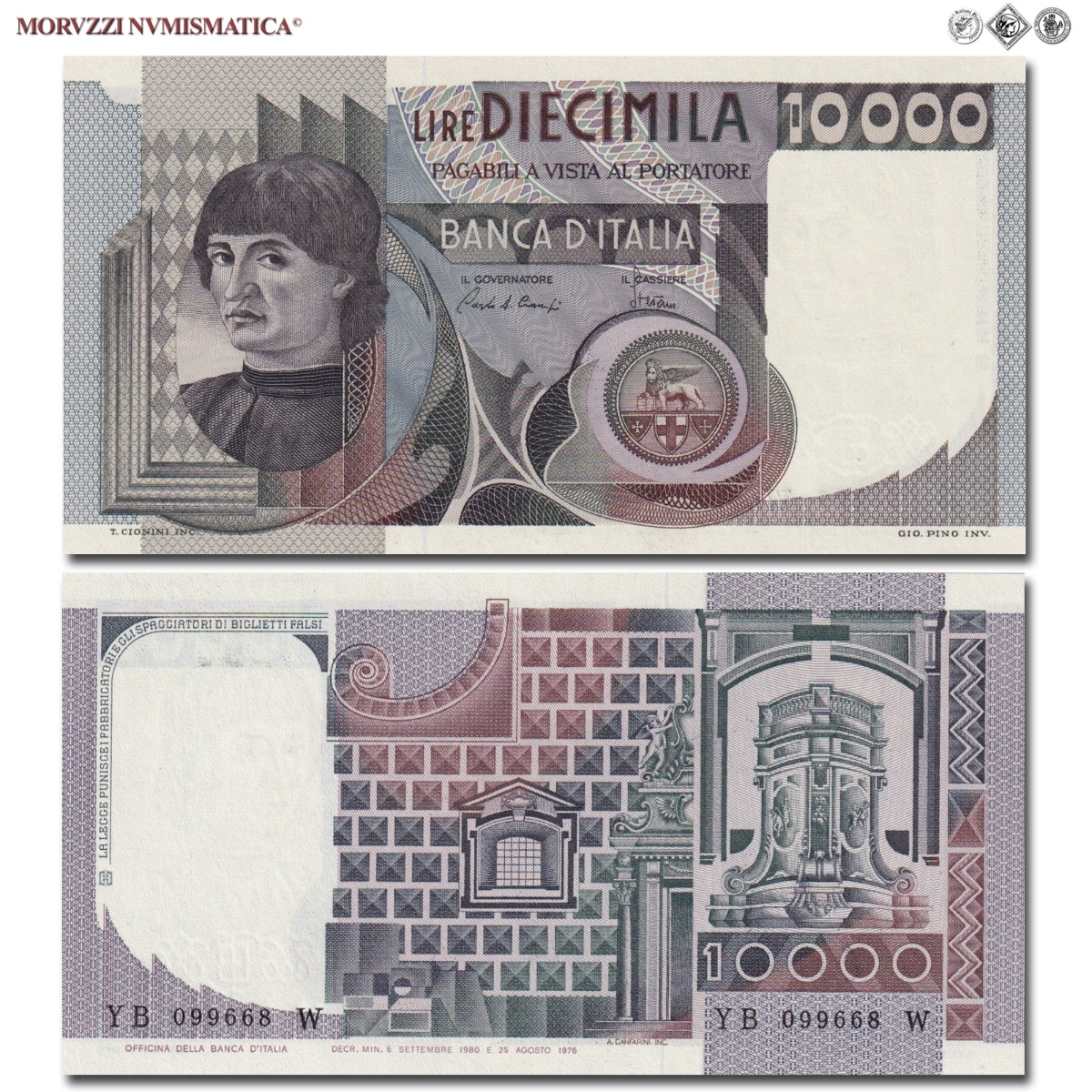 Repubblica Italiana, BANCA D'ITALIA, 10000 LIRE, 06.09.1980, Ritratto o busto d'uomo del Castagno "Machiavelli", Firme: Ciampi, Stevani, FDS, (Crapanzano 582) / banconote italiane (cartamoneta italiana da collezione - banconota da 10.000 lire) | Moruzzi Numismatica
