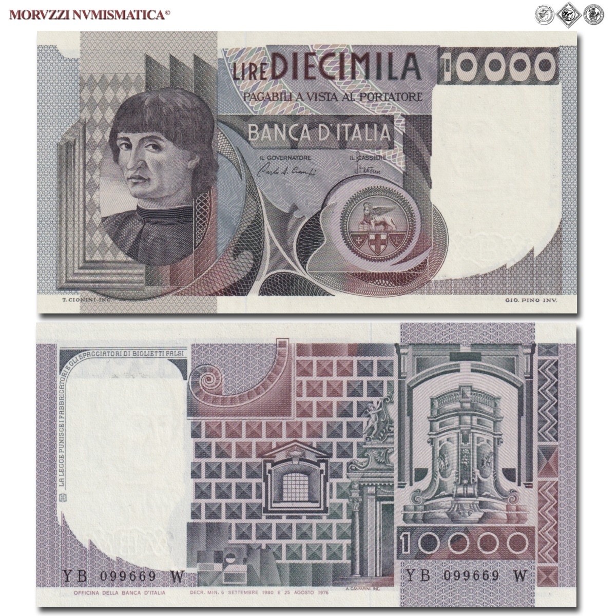 Repubblica Italiana, BANCA D'ITALIA, 10000 LIRE, 06.09.1980, Ritratto o busto d'uomo del Castagno "Machiavelli", Firme: Ciampi, Stevani, FDS, (Crapanzano 582) / banconote italiane (cartamoneta italiana da collezione - banconota da 10.000 lire) | Moruzzi Numismatica