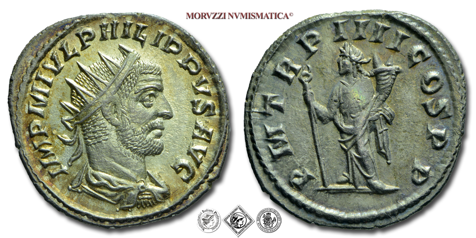 FILIPPO I L'ARABO, ANTONINIANO, 247 d.C., P M TR P IIII COS P P la Felicitas con un caduceo ed una cornucopia, Zecca di Antiochia, ARGENTO, mSPL, (R), (RIC 75a/R) / monete romane imperiali antiche rare d'argento (moneta romana imperiale antica rara - Impero Romano) | Moruzzi Numismatica