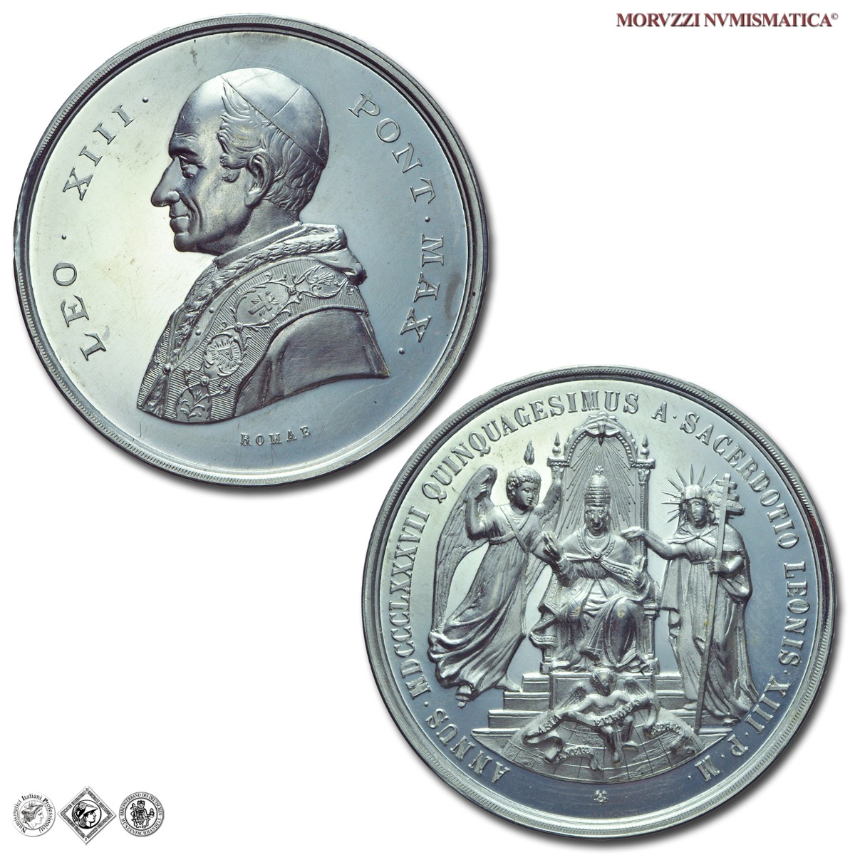 Stato Pontificio, LEONE XIII, Pecci, MEDAGLIA STRAORDINARIA IN METALLO BIANCO, 1887, Giubileo Sacerdotale, Opus Stabilimento Stefano Johnson di Milano, FDC, (R), (Modesti 115) / medaglie papali pontificie rare straordinarie | Moruzzi Numismatica