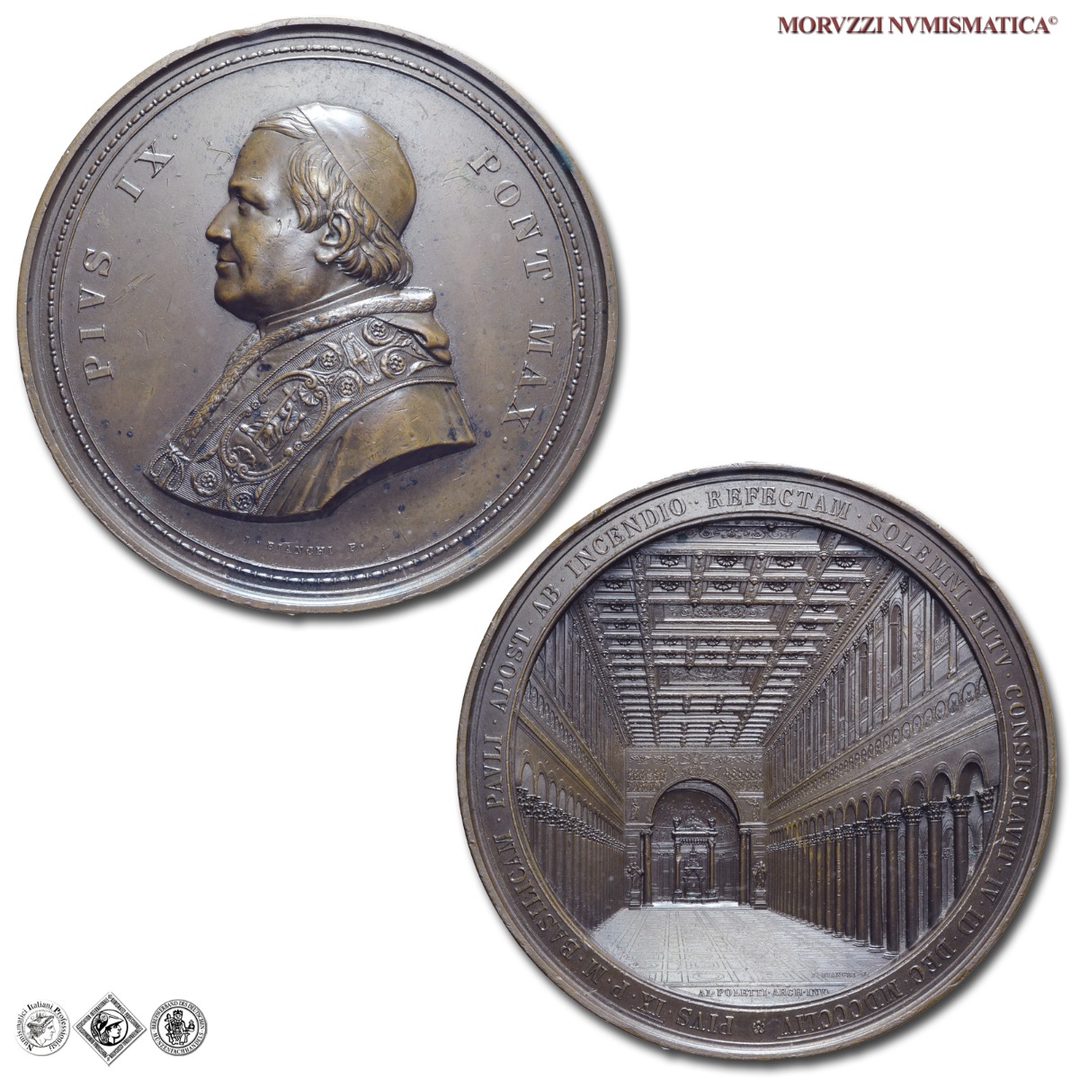 Stato Pontificio, PIO IX, Mastai Ferretti, MEDAGLIA STRAORDINARIA IN BRONZO mm. 82,45, 1854, Ricostruzione della Basilica di San Paolo fuori le Mura, Opus Giuseppe Bianchi, qSPL, (R), (Bartolotti  IX-25/a) / medaglie papali pontificie straordinarie rare | Moruzzi Numismatica
