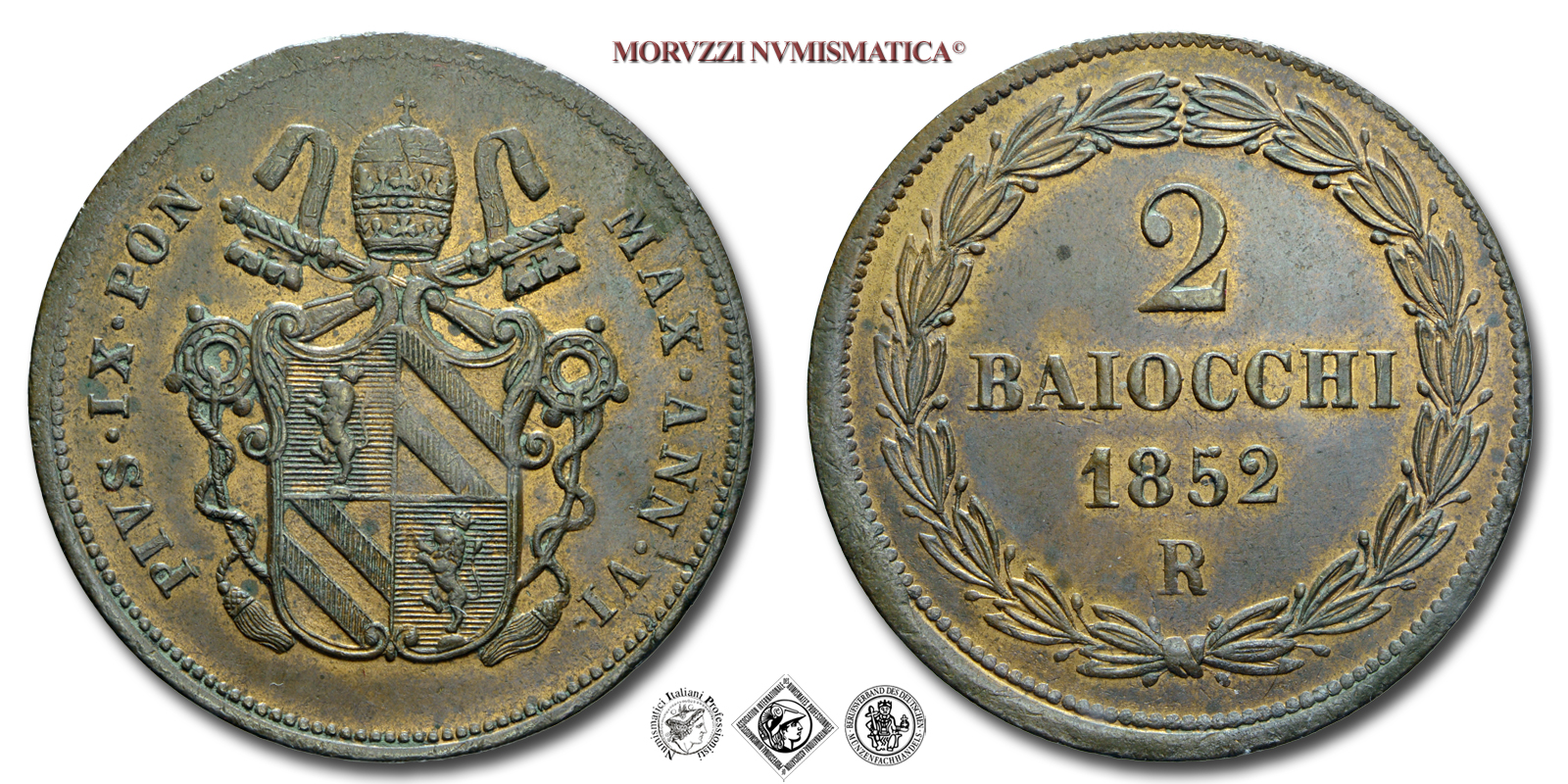 Stato Pontificio, PIO IX, Mastai Ferretti, 2 BAIOCCHI (2° tipo), 1852 ANN VI, Zecca di Roma, RAME, SPL, (Pagani 494) / monete papali pontificie (moneta papale pontificia da collezione) | Moruzzi Numismatica