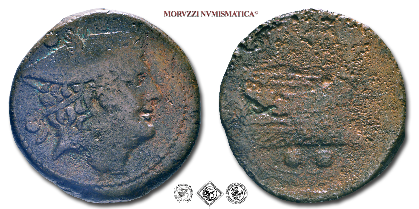 ANONIMO, SESTANTE SEMILIBRALE, 217-215 a.C., testa di Mercurio con petaso; sopra: due globetti (••) / prua di nave, sopra, ROMA; sotto: due globetti (••), Zecca di Roma, BRONZO, MB, (Crawford 38/5) monete romane repubblicane antiche (Repubblica Romana) | Moruzzi Numismatica