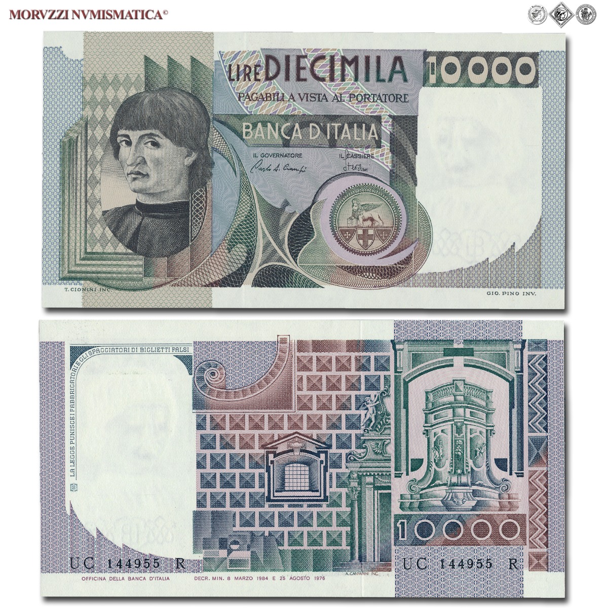 Repubblica Italiana, BANCA D'ITALIA, 10000 LIRE, 08.03.1984, Busto d'uomo del Castagno - Machiavelli, Firme: Ciampi, Stevani, FDS, (Crapanzano 584) / banconote italiane (cartamoneta italiana da collezione - banconota da 10.000 lire) | Moruzzi Numismatica