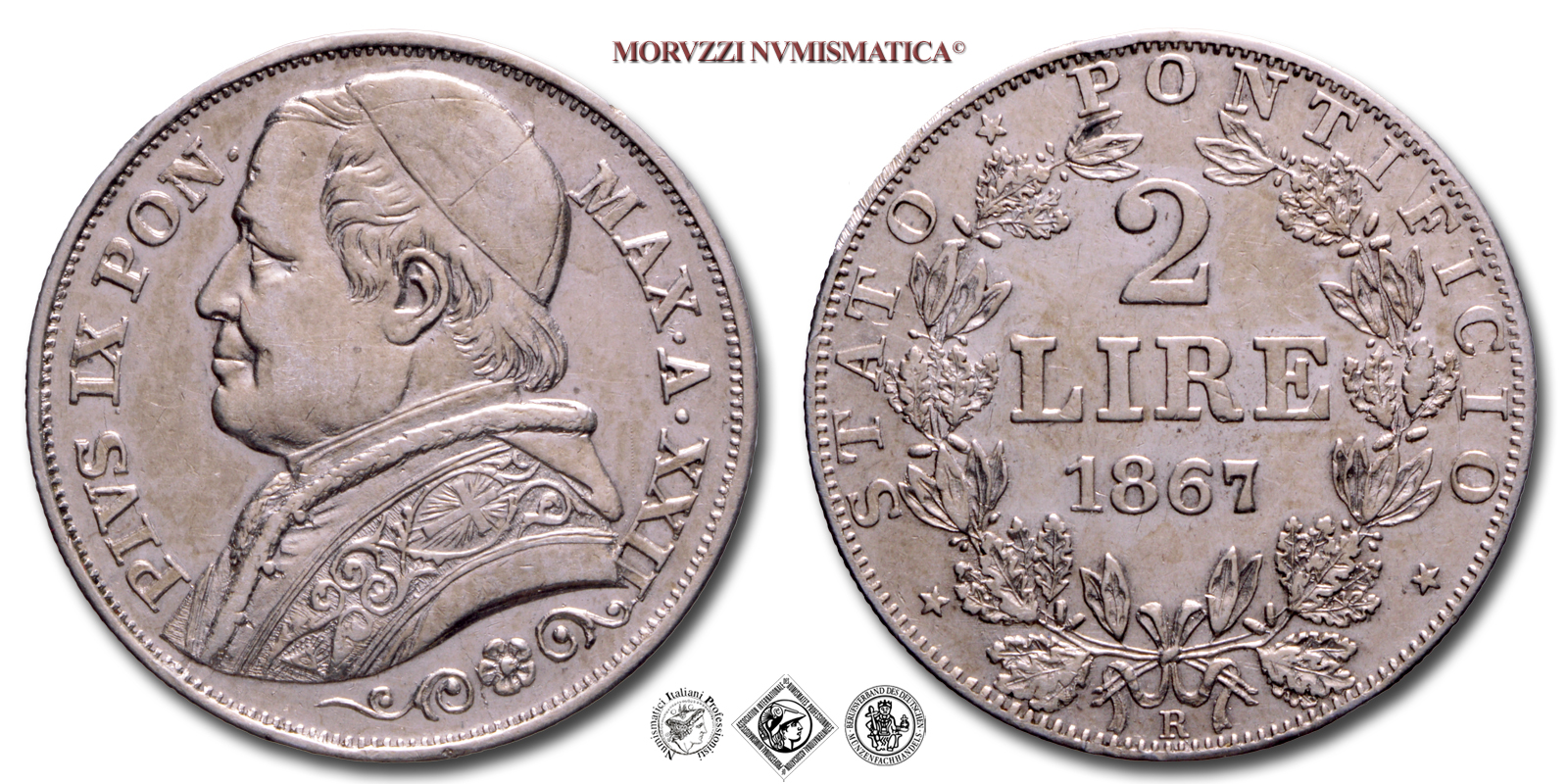 Stato Pontificio, PIO IX, Mastai Ferretti, LIRE 2, 1867 A XXII, Zecca di Roma, ARGENTO, mBB, (Pagani 558) / monete papali pontificie d'argento (moneta papale pontificia da collezione) | Moruzzi Numismatica