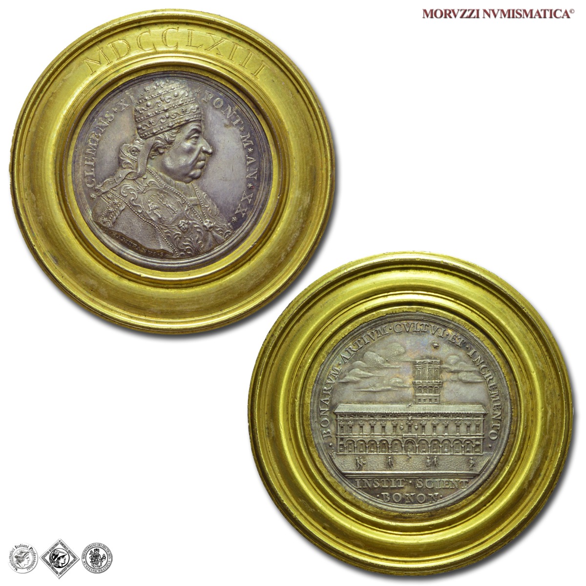 Stato Pontificio, CLEMENTE XI, Albani, MEDAGLIA ANNUALE IN ARGENTO CONTORNIATA IN BRONZO DORATO, 1720 AN XX, Ist. Arti e Scienze di Bologna, Opus Francesco Corazzini, FDC, (RRR), (Bartolotti E720) / medaglie papali pontificie annuali rare d'argento | Moruzzi Numismatica