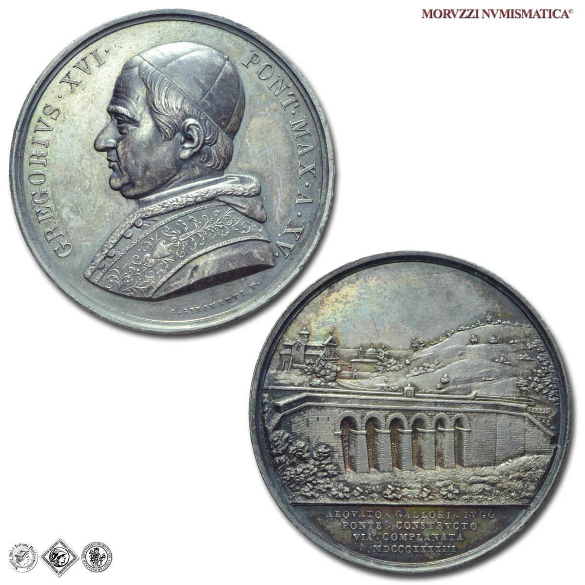 Stato Pontificio, GREGORIO XVI, Cappellari, MEDAGLIA ANNUALE IN ARGENTO, 1845 A XV, Costruzione del Ponte di Galloro, Opus Giuseppe Girometti, mSPL, (RR), (Bartolotti E845) / medaglie papali pontificie annuali rare d'argento | Moruzzi Numismatica