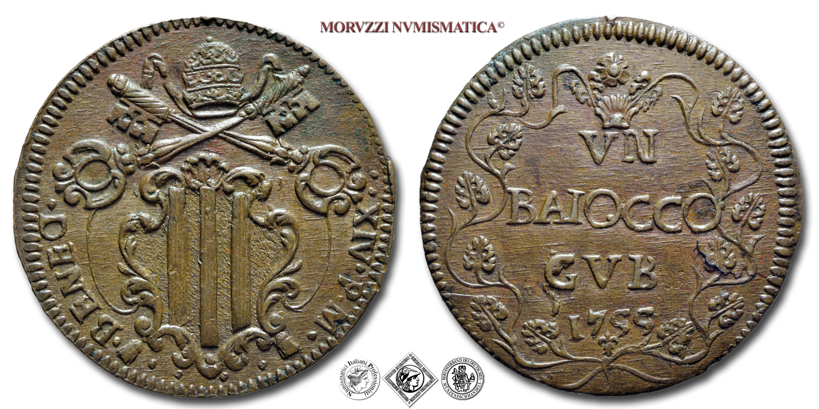 Stato Pontificio, BENEDETTO XIV, Lambertini, BAIOCCO, 1755, Zecca di Gubbio, RAME, mSPL, (NC), (Muntoni 472a) / monete papali pontificie da collezione | Moruzzi Numismatica