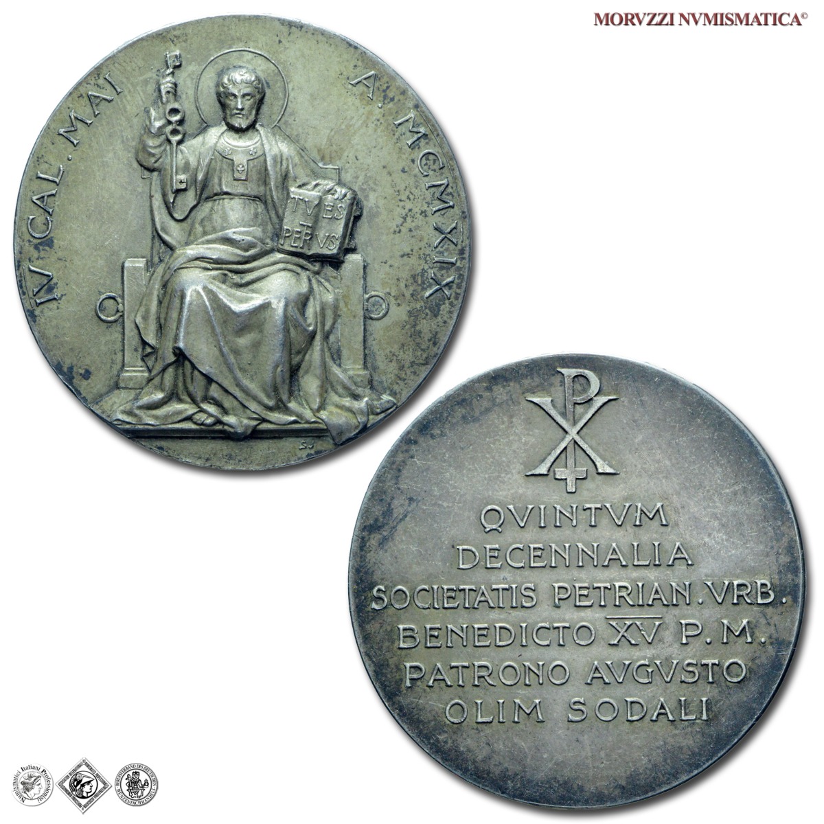 Stato Pontificio, BENEDETTO XV, Della Chiesa, MEDAGLIA STRAORDINARIA ARGENTATA, 1919, 50° Circolo San Pietro, Opus Stefano Johnson, qFDC, (RR), (Cusumano-Modesti 184) / medaglia papali pontificie straordinarie rare da collezione | Moruzzi Numismatica