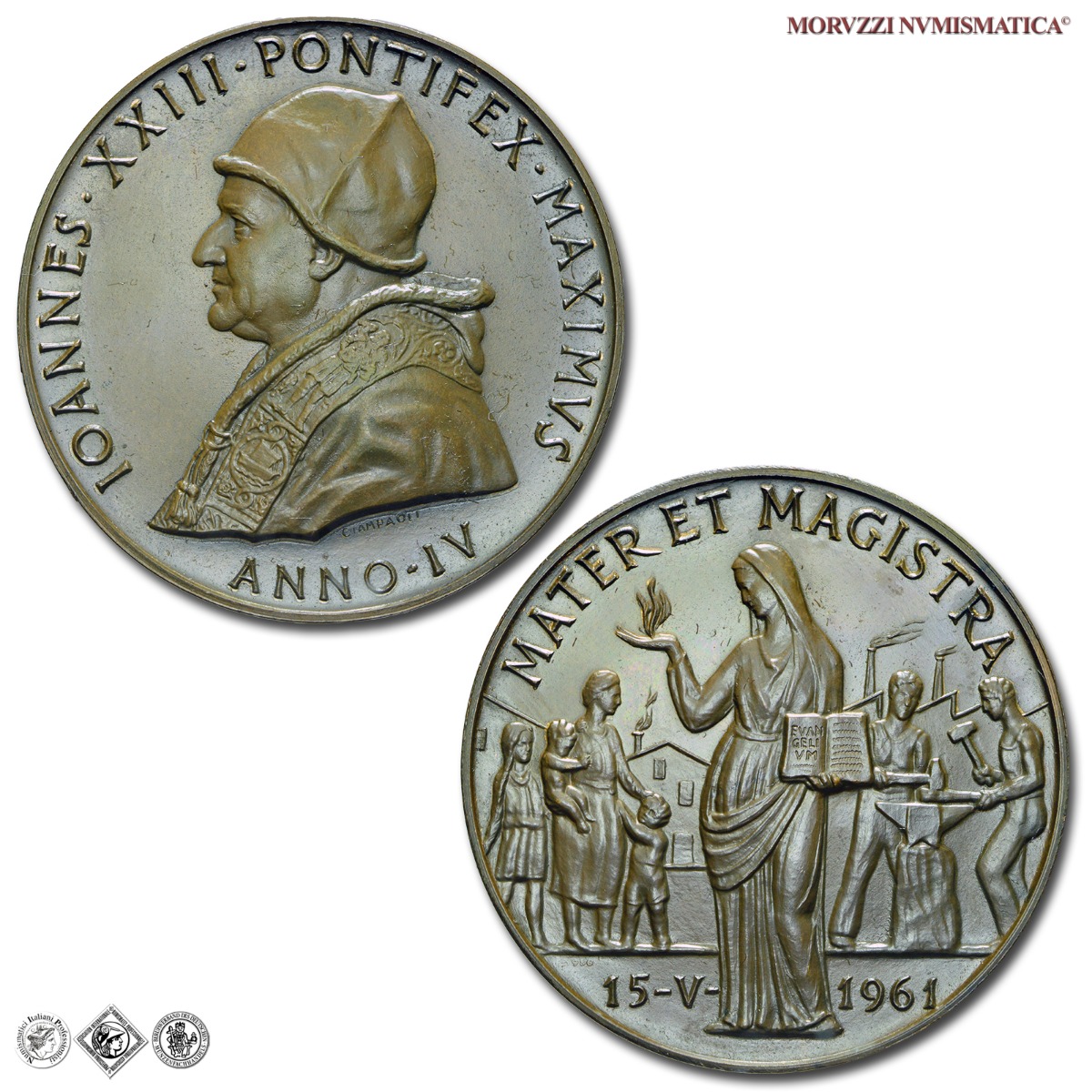 Città del Vaticano, GIOVANNI XXIII, Roncalli, MEDAGLIA ANNUALE IN BRONZO, (1962) A. IV, Enciclica Mater et Magistra, Opus Pietro Giampaoli, FDC, (Bartolotti E962) / medaglie papali pontificie annuali d'argento da collezione | Moruzzi Numismatica