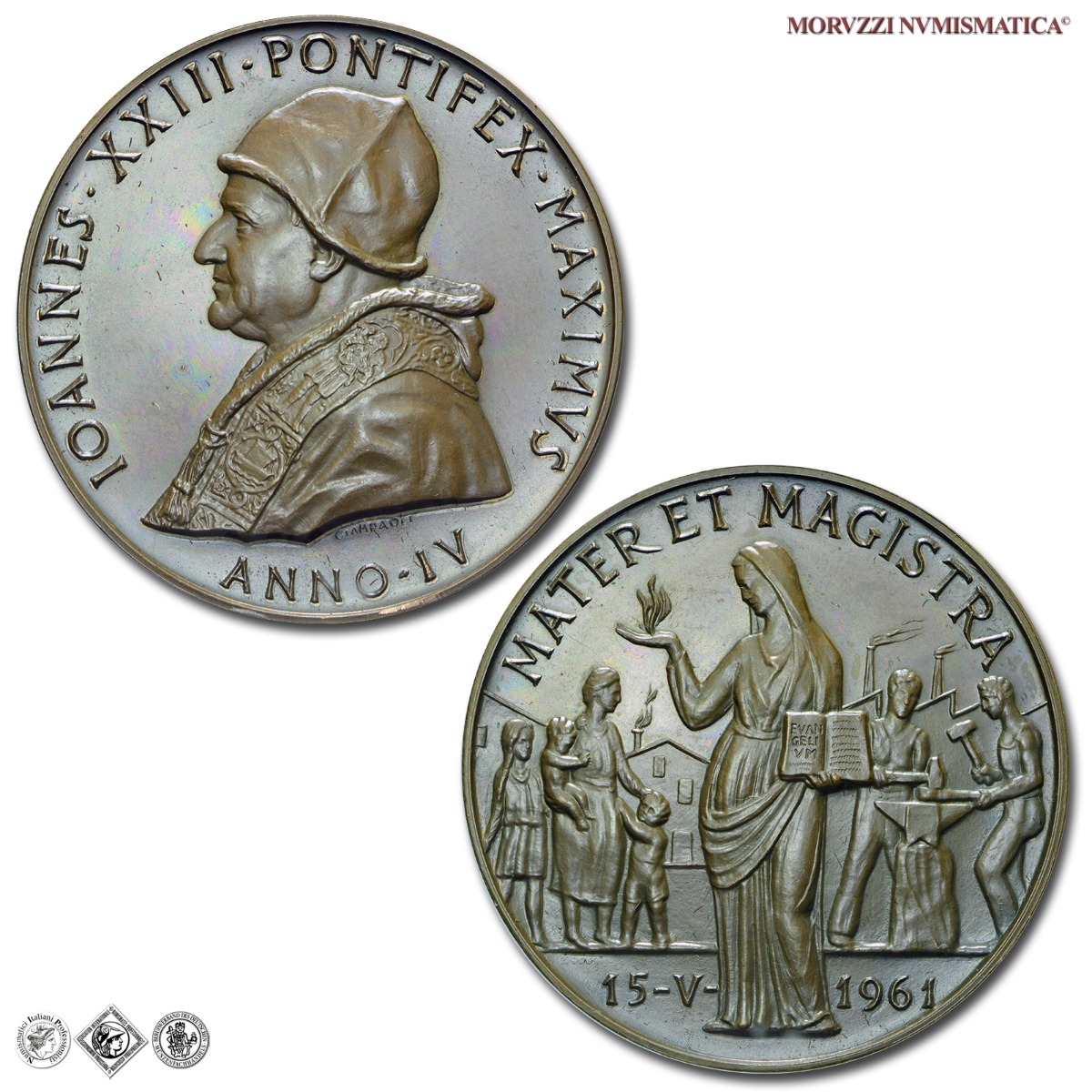 Città del Vaticano, GIOVANNI XXIII, Roncalli, MEDAGLIA ANNUALE IN BRONZO, (1962) A. IV, Enciclica Mater et Magistra, Opus Pietro Giampaoli, FDC, (Bartolotti E962) / medaglie papali pontificie annuali d'argento da collezione | Moruzzi Numismatica
