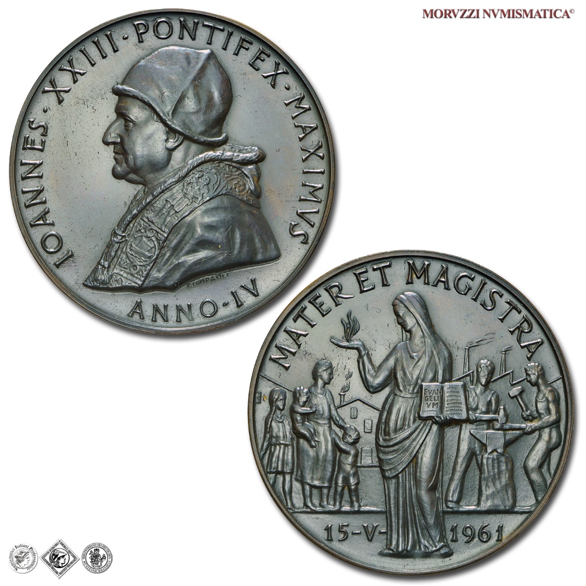 Città del Vaticano, GIOVANNI XXIII, Roncalli, MEDAGLIA ANNUALE IN BRONZO, (1962) A. IV, Enciclica Mater et Magistra, Opus Pietro Giampaoli, FDC, (Bartolotti E962) / medaglie papali pontificie annuali d'argento da collezione | Moruzzi Numismatica