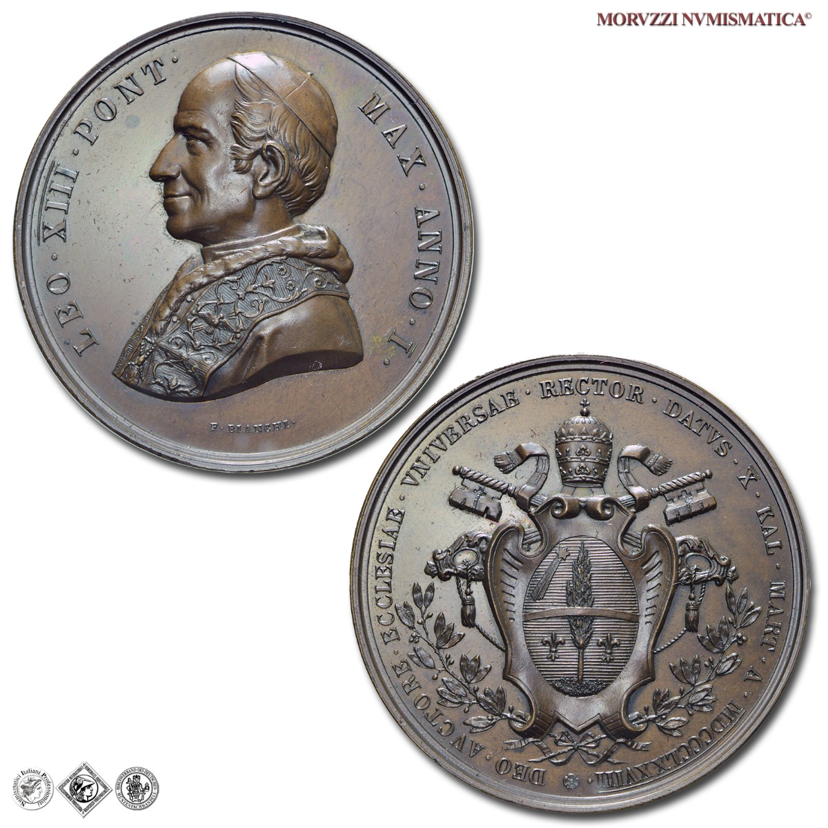 Stato Pontificio, LEONE XIII, Pecci, MEDAGLIA ANNUALE IN BRONZO, 1878 ANNO I, Per l'elezione al pontificato, Opus Francesco Bianchi, FDC, (R), (Bartolotti E878) / medaglie papali annuali rare (medaglie pontificie da collezione) | Moruzzi Numismatica