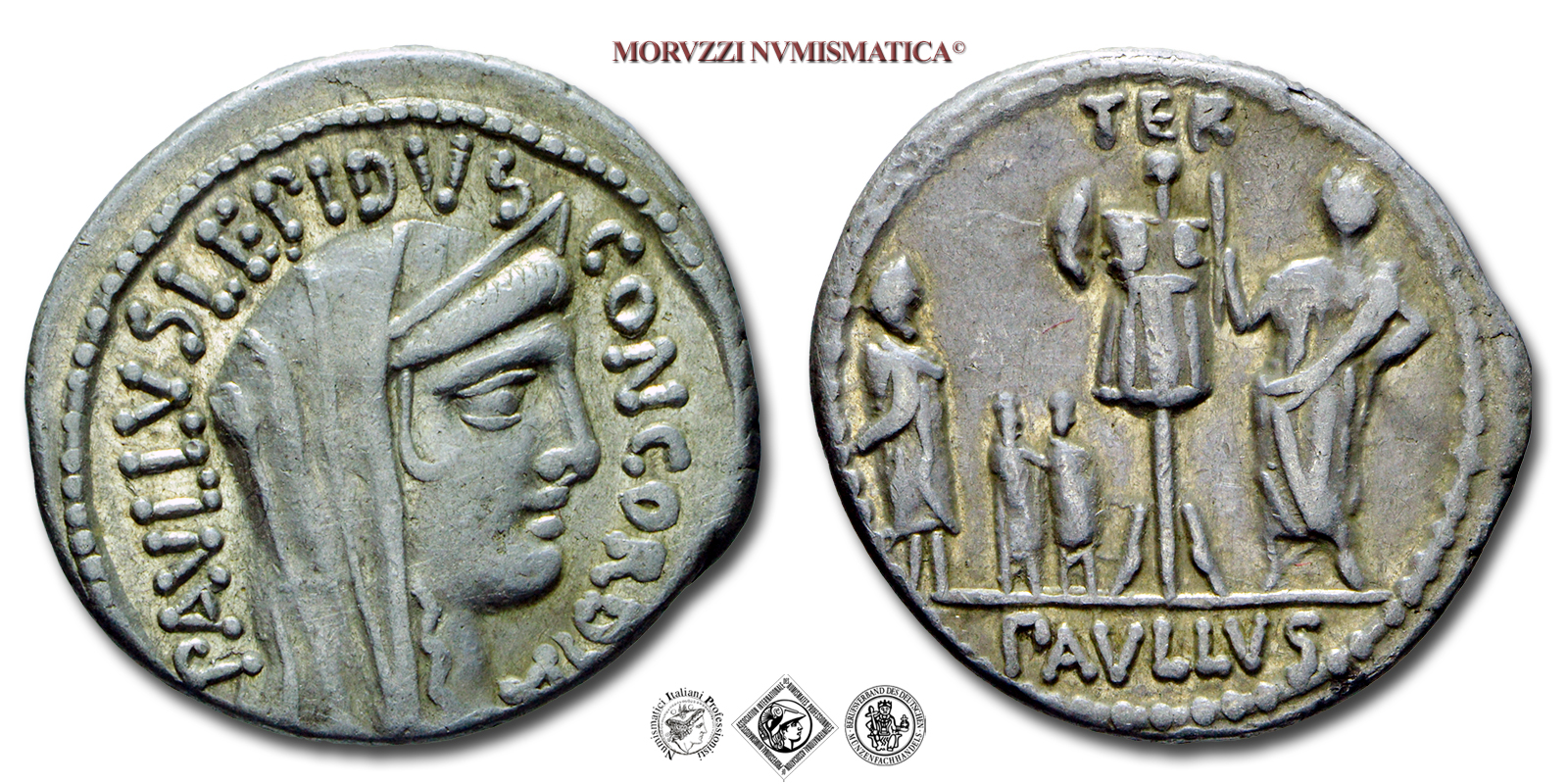 GENS AEMILIA, L. Aemilius Lepidus Paullus, DENARIO, 62 a.C., testa velata della Concordia / Lucio Emilio Paolo dinanzi ad un trofeo e tre prigionieri: Perseo di Macedonia e i due figli, Zecca di Roma, ARGENTO, qSPL, (Crawford 415/1) / monete romane | Moruzzi Numismatica