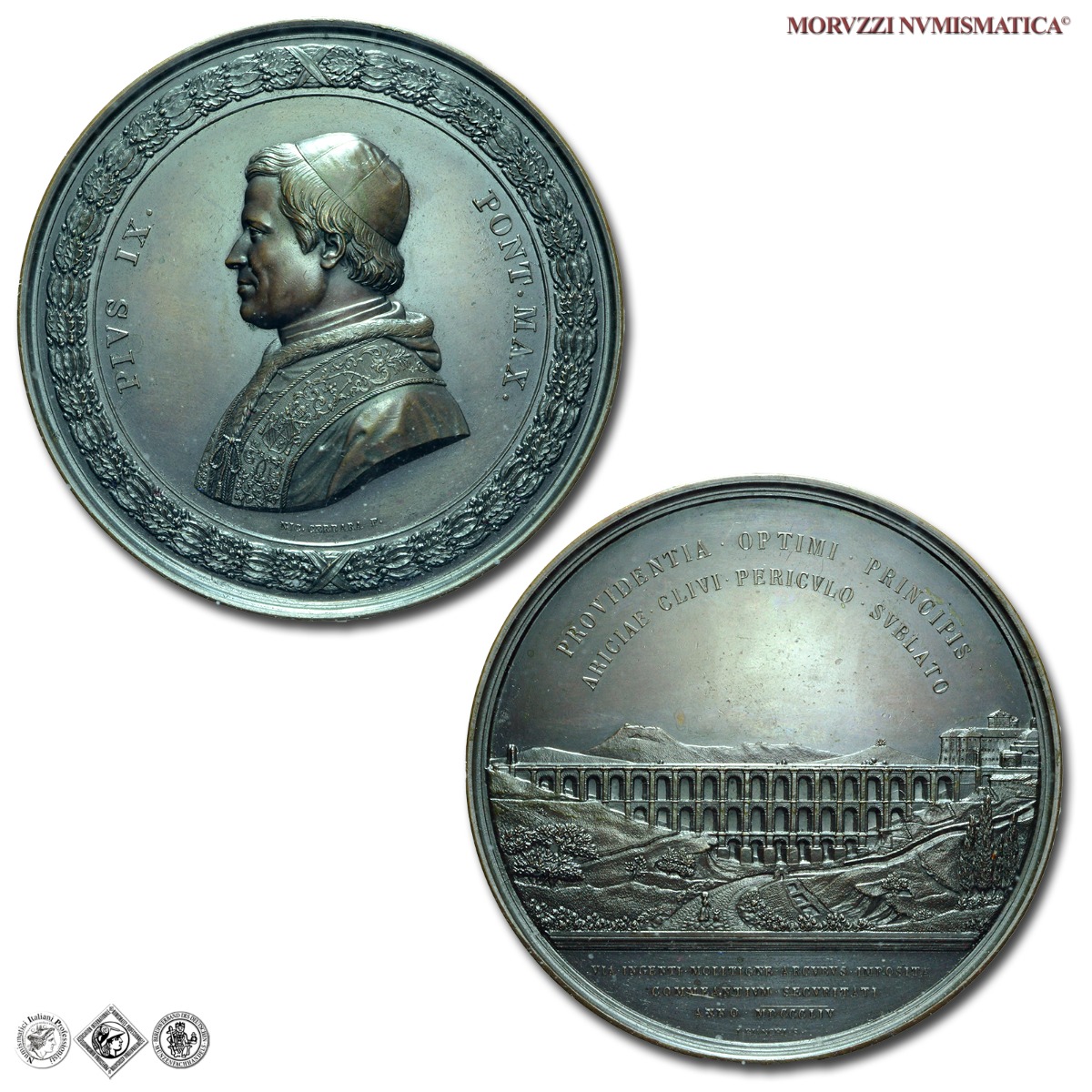 Stato Pontificio, PIO IX, Mastai Ferretti, MEDAGLIA STRAORDINARIA IN BRONZO, 1854, Costruzione del Ponte di Ariccia, Opus Nicola Cerbara e Giuseppe Bianchi, FDC, (RR), (Bartolotti MM9) / medaglie papali pontificie straordinarie rare | Moruzzi Numismatica