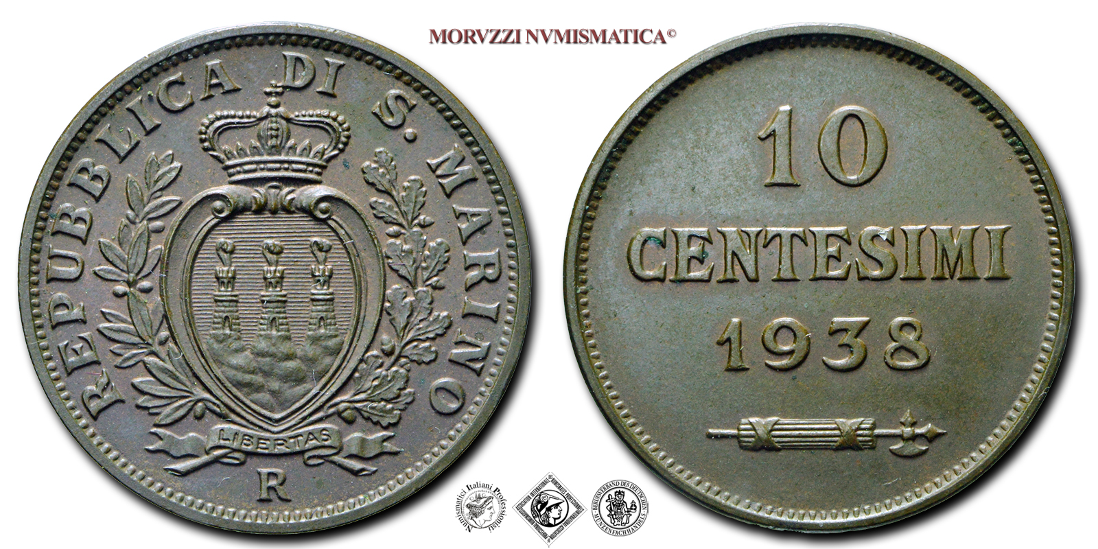 Repubblica di San Marino, VECCHIA MONETAZIONE, 10 CENTESIMI, 1938, Zecca di Roma, RAME, qFDC, (Pagani 376) / monete mondiali europee moderne (moneta mondiale europea moderna da collezione - WORLD COPPER COINS) | Moruzzi Numismatica