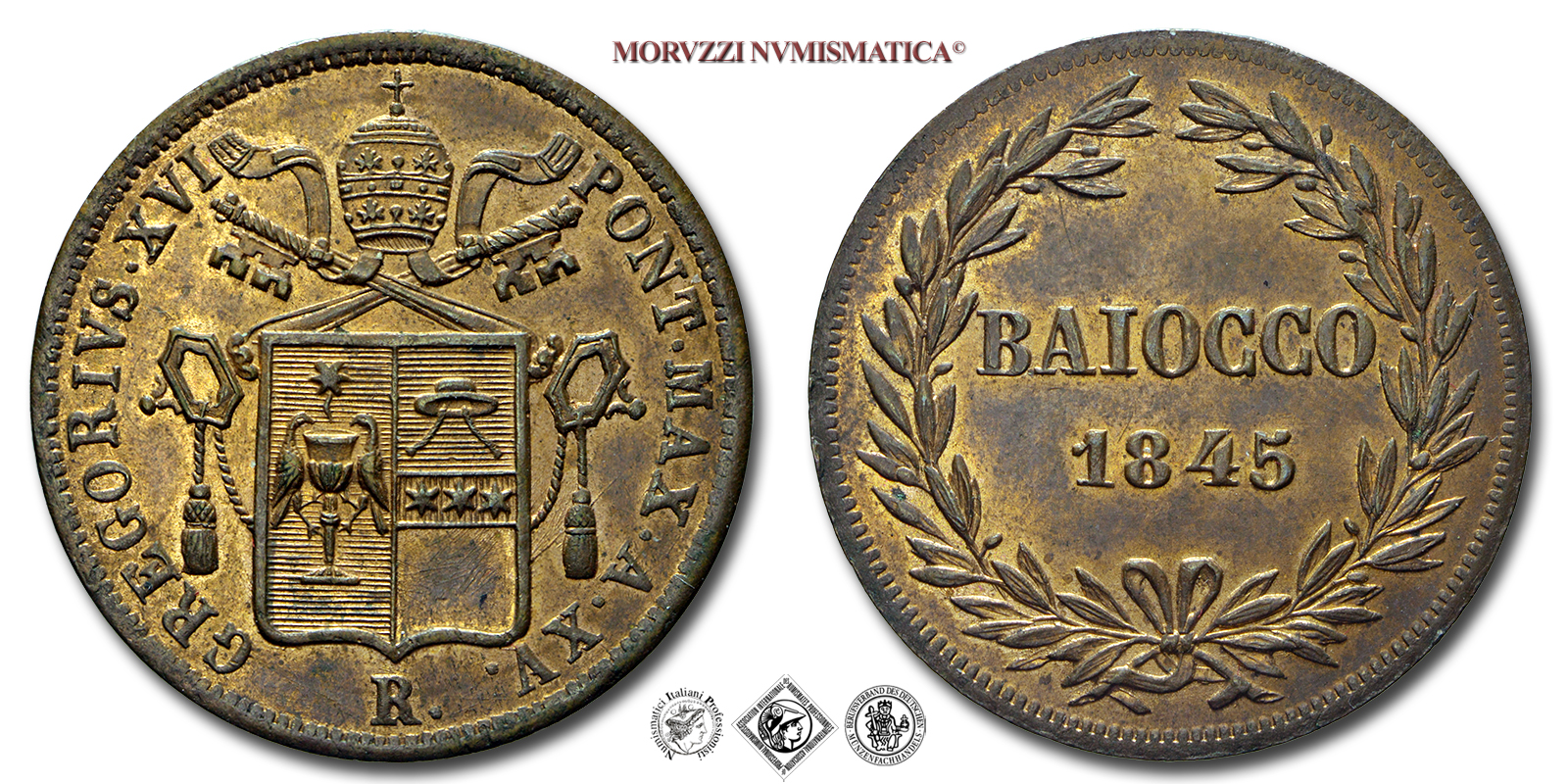 Stato Pontificio, GREGORIO XVI, Cappellari, BAIOCCO, 1845 A XV, Zecca di Roma, RAME, FDC, (Pagani 275) / monete papali pontificie (moneta papale pontificia da collezione) | Moruzzi Numismatica