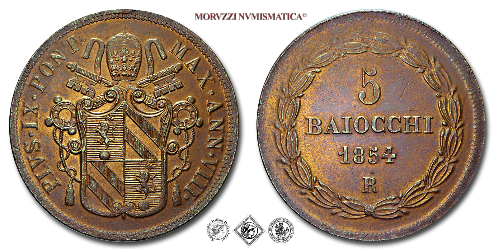 Stato Pontificio, PIO IX, Mastai Ferretti, BAIOCCHI 5, 1854 ANN VIII, Zecca di Roma, RAME, mSPL, (Pagani 485) / monete papali pontificie (moneta papale pontificia da collezione) | Moruzzi Numismatica