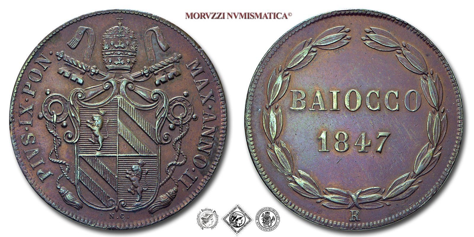 Stato Pontificio, PIO IX, Mastai Ferretti, BAIOCCO, 1847 ANNO II, Zecca di Roma, RAME, SPL, (R), (Pagani 329) / monete papali pontificie rare (moneta papale pontificia rara da collezione) | Moruzzi Numismatica