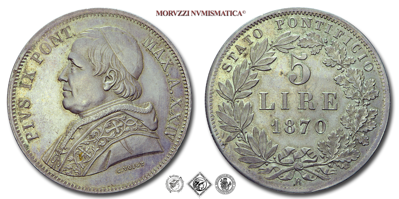 Stato Pontificio, PIO IX, Mastai Ferretti, 5 LIRE (SCUDO), 1870 A. XXIV, Zecca di Roma, ARGENTO, SPL, (R), (Pagani 549) / monete papali pontificie rare (moneta papale pontificia rara da collezione - scudi rari d'argento | Moruzzi Numismatica