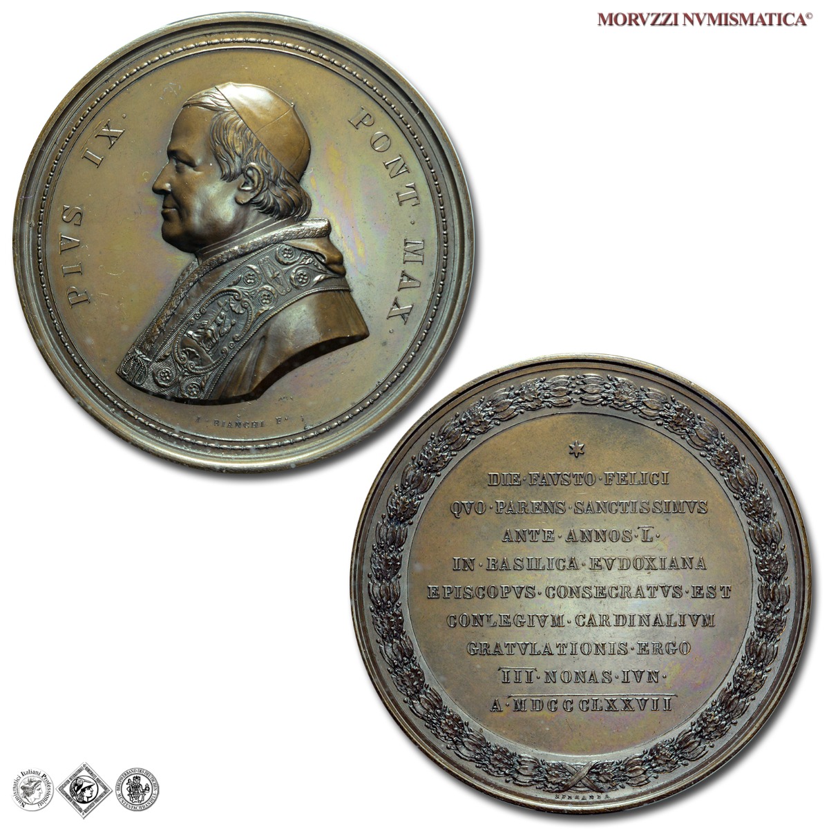 Stato Pontificio, PIO IX, Mastai Ferretti, MEDAGLIA STRAORDINARIA IN BRONZO, 1877, Giubileo Episcopale - Sacro Collegio, Opus Giuseppe Bianchi e Filippo Speranza, FDC, (R), (Bartolotti XXXI-6) / medaglie papali pontificie rare da collezione | Moruzzi Numismatica
