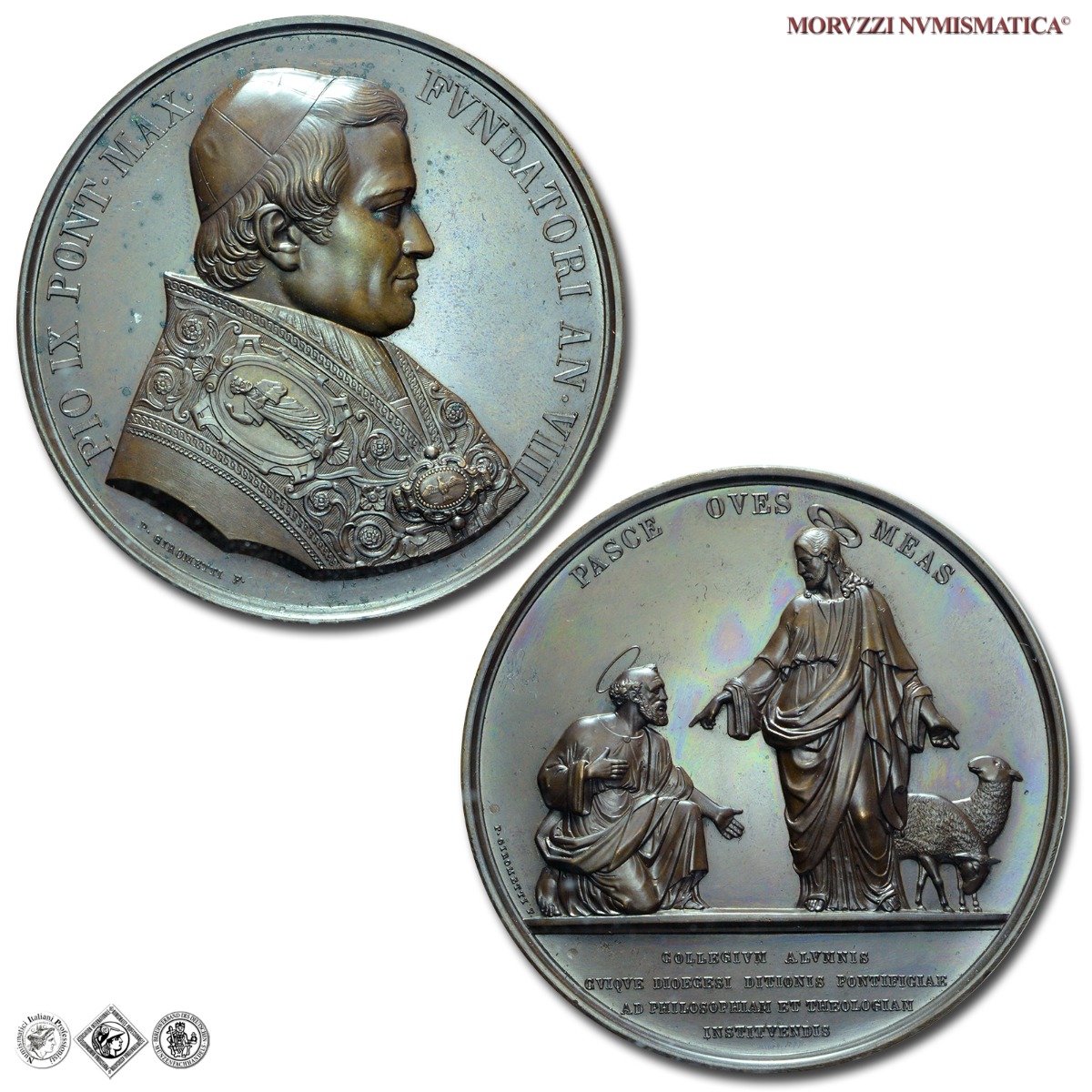 Stato Pontificio, PIO IX, Mastai Ferretti, MEDAGLIA STRAORDINARIA IN BRONZO, 1854 AN VIII, Istituzione del Seminario Pio a Roma, Opus Pietro Girometti, FDC, (RR), (Bartolotti VIII-9) / medaglie papali pontificie straordinarie rare da collezione | Moruzzi Numismatica