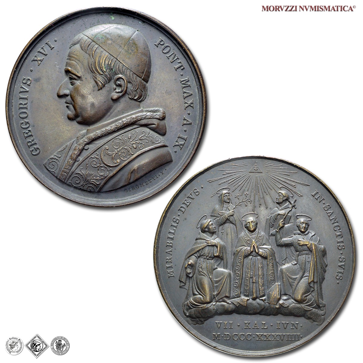Stato Pontificio, GREGORIO XVI, Cappellari, MEDAGLIA ANNUALE IN BRONZO, 1839 A IX, Canonizzazioni del 1839, Opus Giuseppe Girometti, mSPL, (NC), (Bartolotti E839) / medaglie papali pontificie annuali da collezione | Moruzzi Numismatica