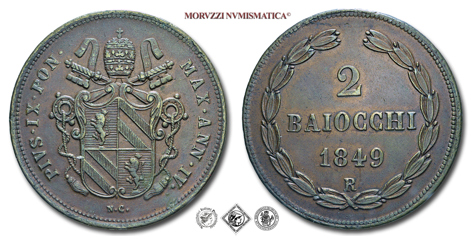 Stato Pontificio, PIO IX, Mastai Ferretti, 2 BAIOCCHI, 1° tipo, 1849 ANN IV, Zecca di Roma, RAME, SPL, (Muntoni 28a) / monete papali pontificie da collezione (moneta papale pontificia da 2 BAJOCCHI) | Moruzzi Numismatica