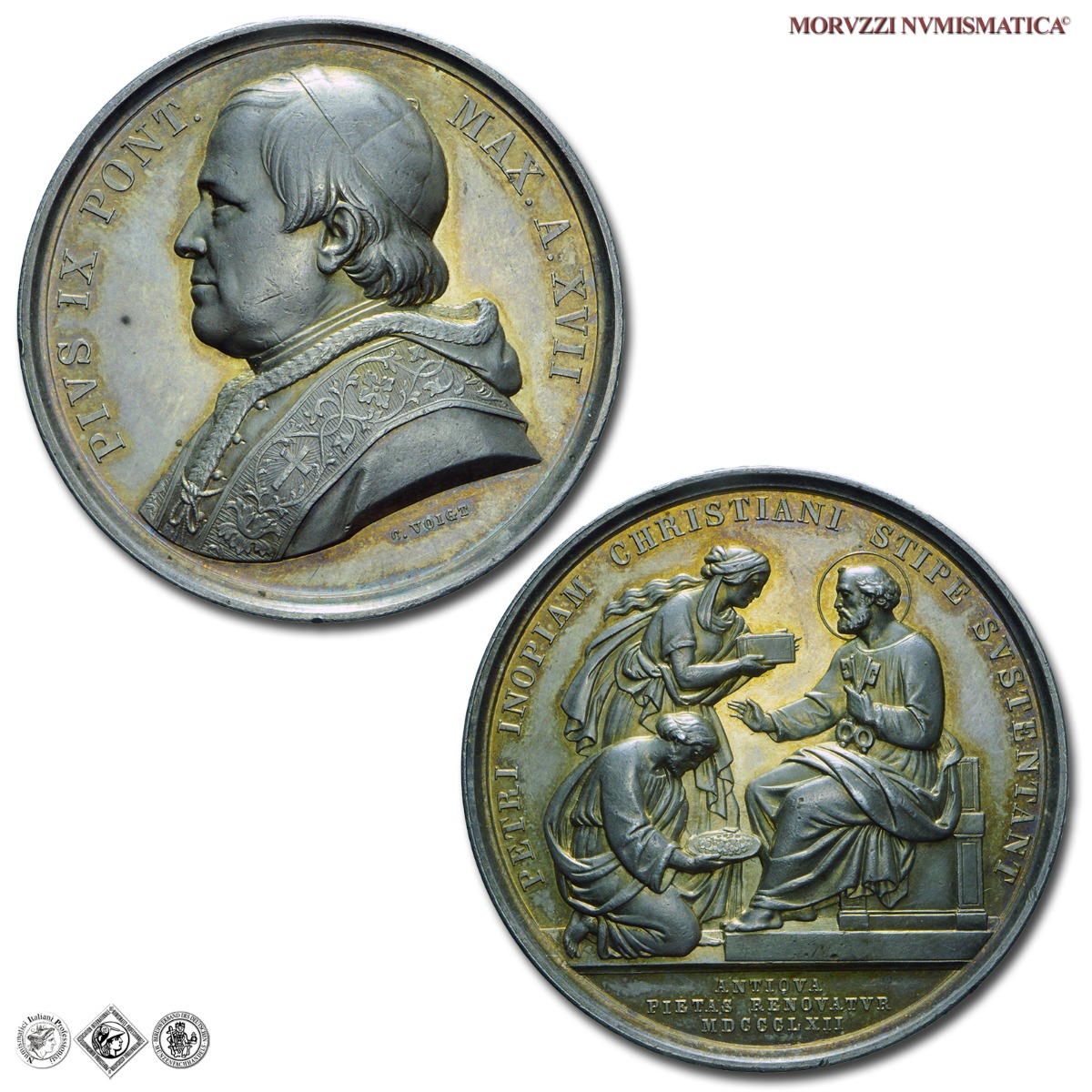 Stato Pontificio, PIO IX, Mastai Ferretti, MEDAGLIA ANNUALE IN ARGENTO, 1862 A XVII, L'obolo di San Pietro, Opus Carlo Voigt, mSPL, (Bartolotti E862) / medaglie papali pontificie annuali d'argento | Moruzzi Numismatica