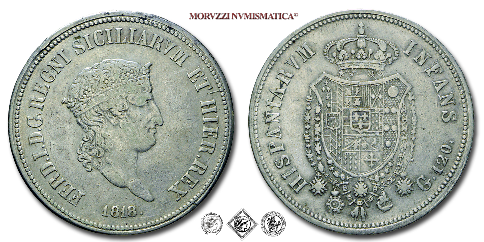 Regno delle Due Sicilie, FERDINANDO I DI BORBONE, PIASTRA DA GRANA 120, Testa piccola, 1818, Zecca di Napoli, ARGENTO, BB, (Pannuti-Riccio 8) monete italiane napoletane moderne d'argento (moneta italiana napoletana moderna borbonica - piastre borboniche) | Moruzzi Numismatica