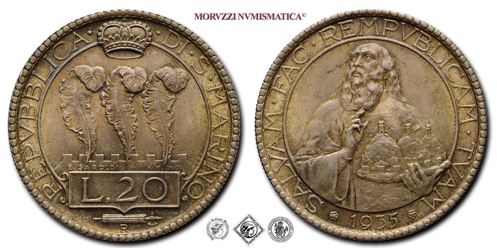 Repubblica di San Marino, VECCHIA MONETAZIONE, 20 LIRE, 1935, Zecca di Roma, ARGENTO, qFDC, (Pagani 345) / monete mondiali europee d'argento (moneta mondiale europea - WORLD SILVER COINS) | Moruzzi Numismatica