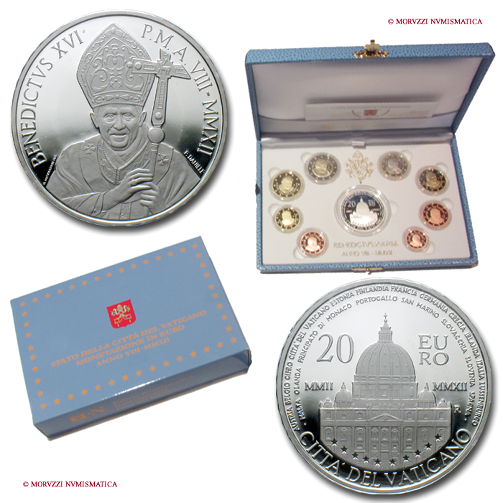 Città del Vaticano, BENEDETTO XVI, Ratzinger, Dal 2005, serie annuale ufficiale, 9 valori con moneta da 20 euro AR, 2012, FS | Moruzzi Numismatica
