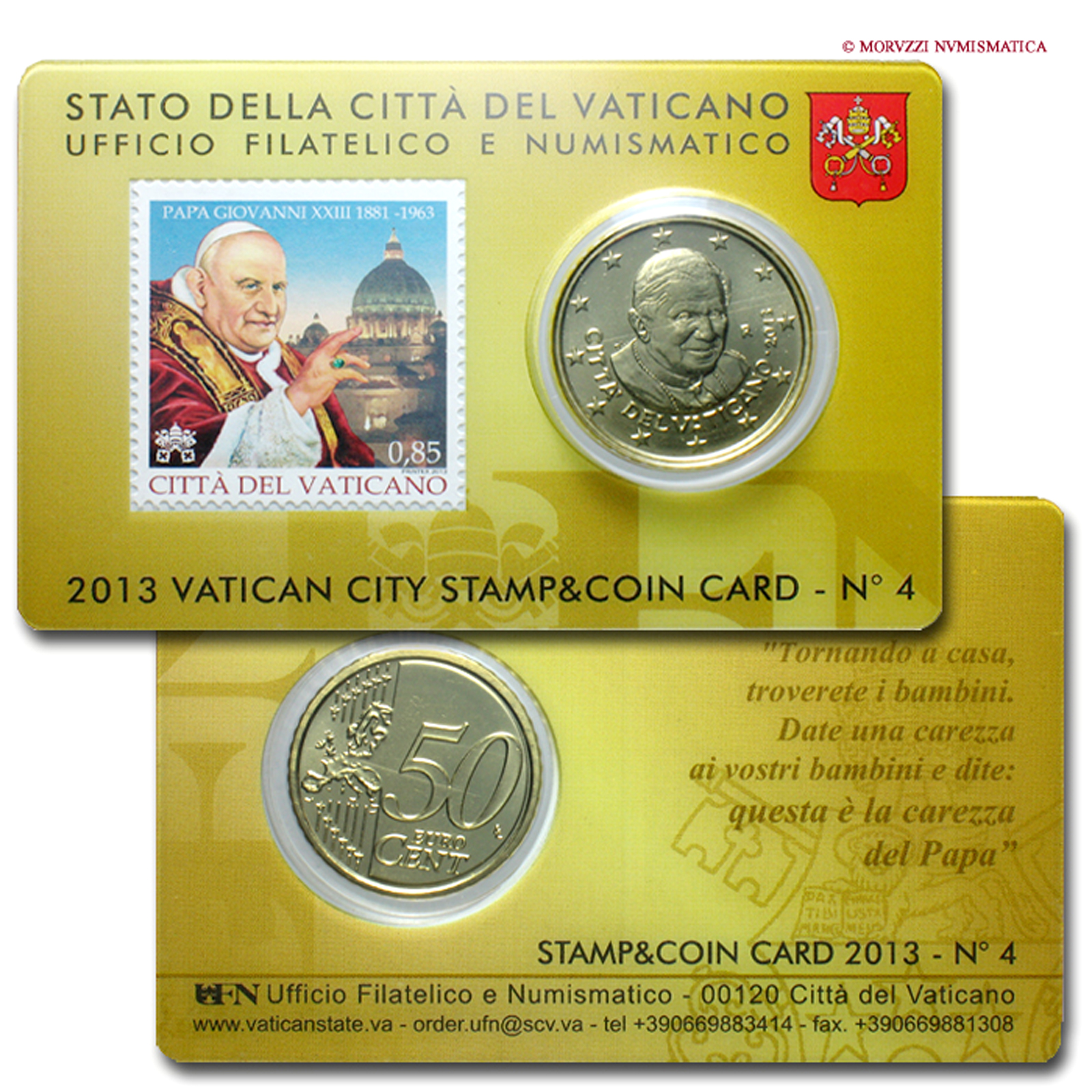 Città del Vaticano, BENEDETTO XVI, Ratzinger, 2005-2013, 50 centesimi 2013 e francobollo commemorativo del 50° anniversario della morte di Papa Giovanni XXIII da 0,85  VATICAN CITY STAMP & COIN CARD 4  | Moruzzi Numismatica