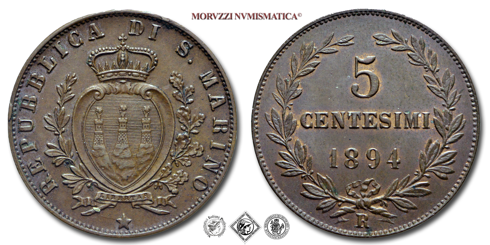 Repubblica di San Marino, VECCHIA MONETAZIONE, 5 CENTESIMI, 1894, Zecca di Roma, RAME, FDC, (Pagani 379) / monete mondiali europee moderne (WORLD COPPER COINS - moneta mondiale europea moderna da collezione) | Moruzzi Numismatica