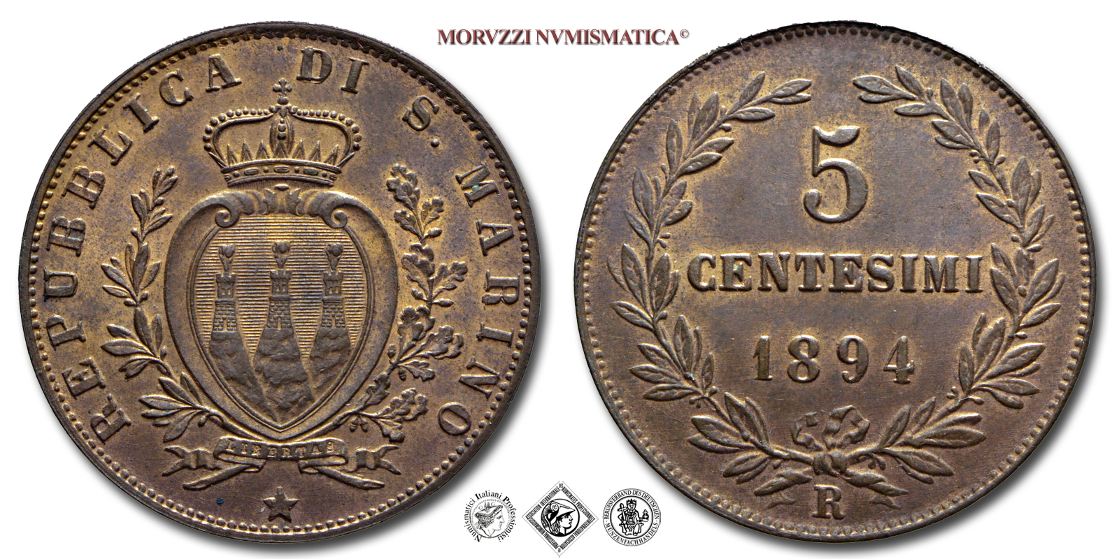Repubblica di San Marino, VECCHIA MONETAZIONE, 5 CENTESIMI, 1894, Zecca di Roma, RAME, FDC, (Pagani 379) / monete mondiali europee moderne (WORLD COPPER COINS - moneta mondiale europea moderna da collezione) | Moruzzi Numismatica