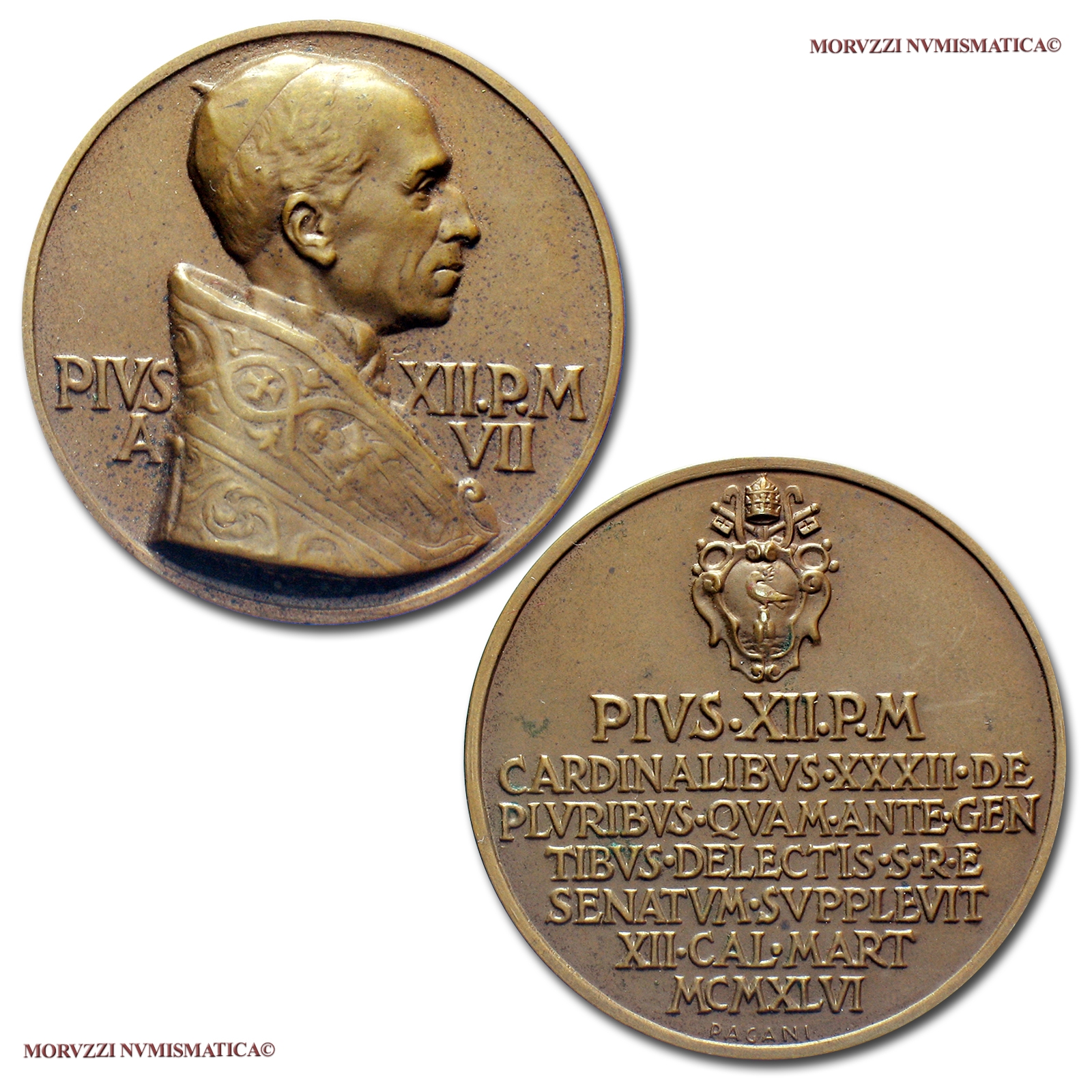 Città del Vaticano, PIO XII, MEDAGLIA ANNUALE IN BRONZO, 1946 A VII, Concistoro del 1946, Opus A. Mistruzzi, FDC, (Cusumano-Modesti 54) / Pius XII BRONZE MEDAL Papal medals (medaglie papali di bronzo) Pius XII. Bronzemedaille - Pie XII médaille | Moruzzi Numismatica