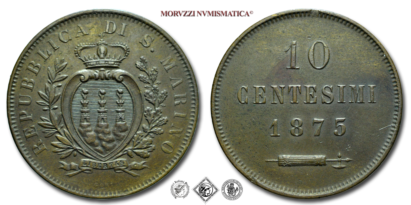 Repubblica di San Marino, VECCHIA MONETAZIONE, 10 CENTESIMI, 1875, Zecca di Milano, RAME, qSPL, (Pagani 370) / monete mondiali europee moderne (moneta mondiale europea moderna da collezione - WORLD COPPER COINS) | Moruzzi Numismatica