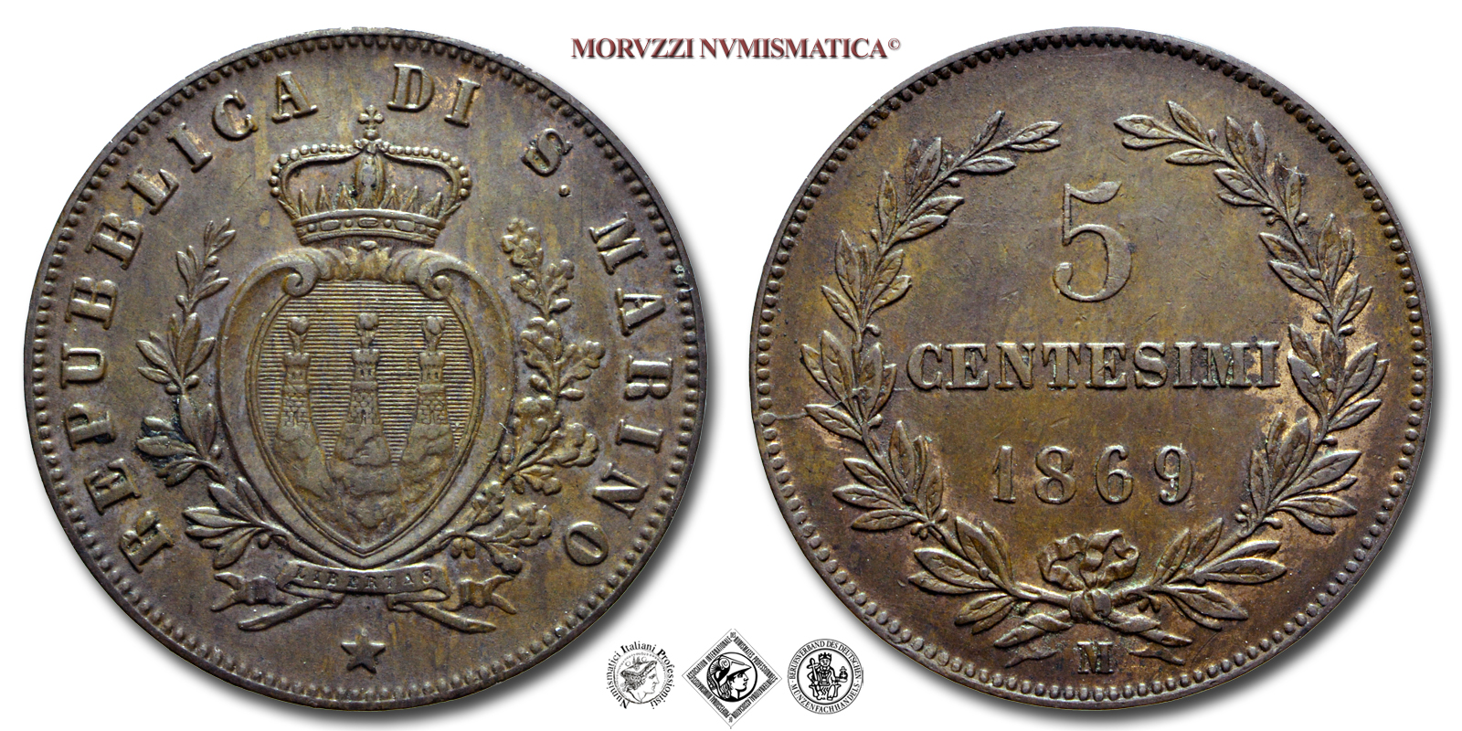 Repubblica di San Marino, VECCHIA MONETAZIONE, 5 CENTESIMI, 1869, Zecca di Milano, RAME, SPL, (Pagani 378) / monete mondiali europee moderne (WORLD COPPER COINS - moneta mondiale europea moderna da collezione) | Moruzzi Numismatica