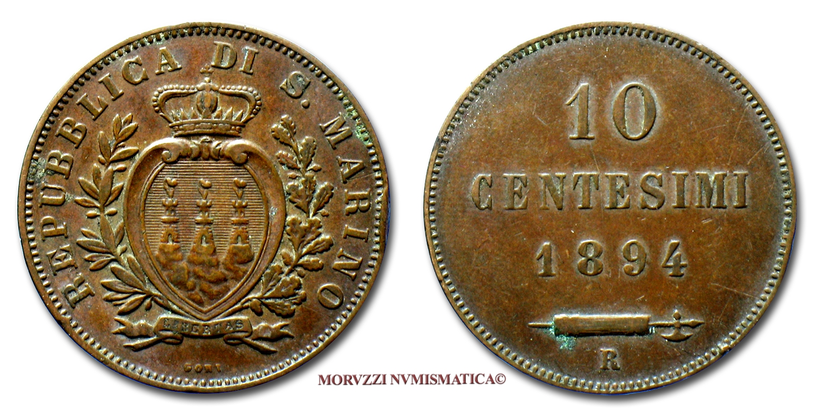 Repubblica di San Marino, VECCHIA MONETAZIONE, 10 CENTESIMI, 1894 R, zecca di Roma, RAME, BB, (Pagani 372) / monete mondiali europee moderne (moneta mondiale europea moderna da collezione - WORLD COPPER COINS) | Moruzzi Numismatica