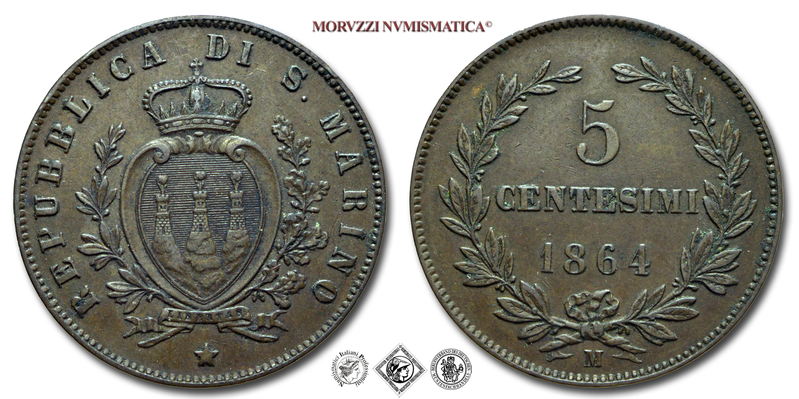 Repubblica di San Marino, VECCHIA MONETAZIONE, 5 CENTESIMI, 1864, Zecca di Milano, RAME, mBB, (R), (Pagani 377) / monete mondiali europee moderne rare (WORLD COPPER COINS - moneta mondiale europea moderna rara da collezione) | Moruzzi Numismatica