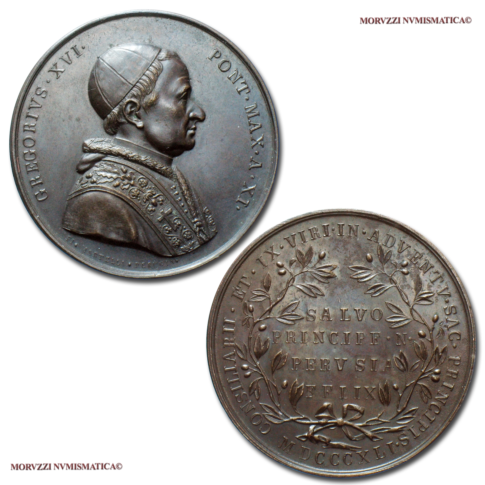 Stato Pontificio, GREGORIO XVI, MEDAGLIA STRAORDINARIA IN BRONZO, 1841 A XI, Visita del Papa a Perugia, Opus Filippo Martelli, FDC, (R), (Boccia 137) / Pope Gregory XVI Cappellari BRONZE MEDALS (medaglie papali rare - medaglie pontificie straordinarie) | Moruzzi Numismatica