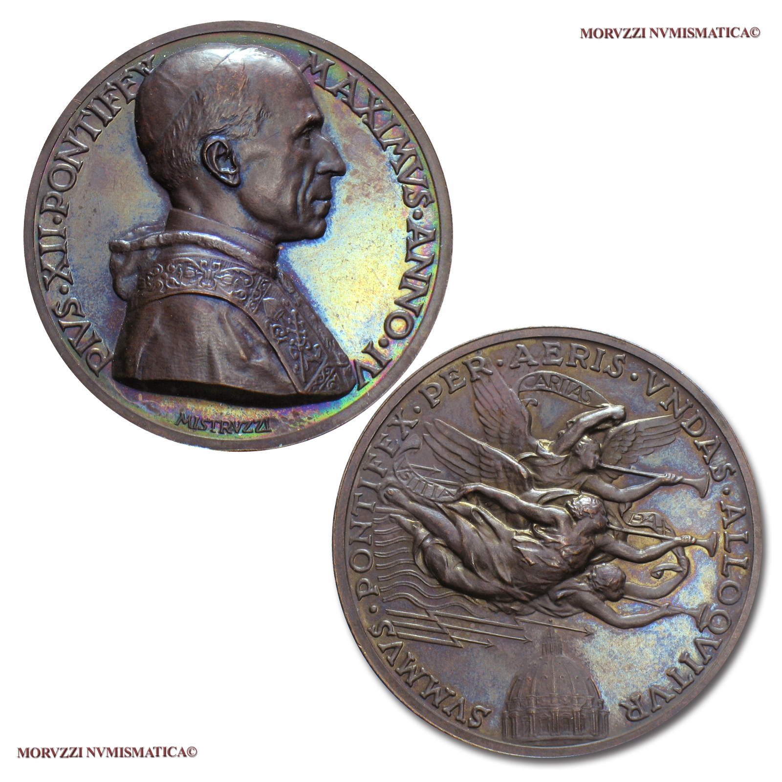 Città del Vaticano, PIO XII, MEDAGLIA IN BRONZO, 1942 A IV, Radiomessaggio per la pace, Opus Mistruzzi, FDC, (Bartolotti 942) / Pius XII BRONZE MEDAL Papal medals (medaglie papali di bronzo - medaglie pontificie) Bronzemedaille - Pie XII médaille | Moruzzi Numismatica