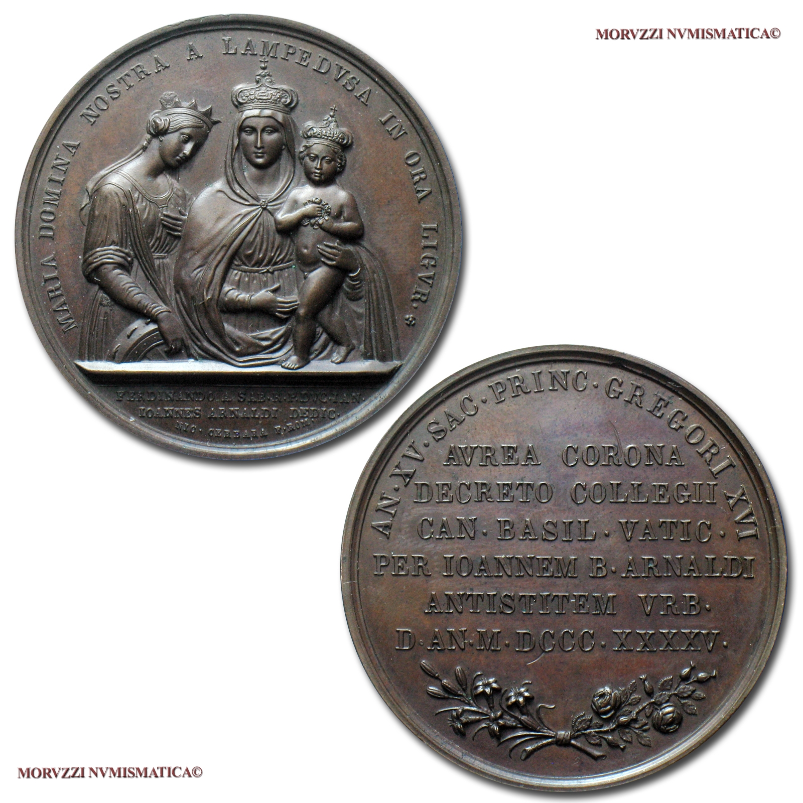 Stato Pontificio, GREGORIO XVI, MEDAGLIA STRAORDINARIA IN BRONZO, 1845, Incoronazione della Madonna di Lampedusa in Castellano (Liguria), Opus Nicola Cerbara, qFDC, (R), (Boccia 198) / Pope Gregory XVI Cappellari BRONZE MEDALS (medaglie papali rare) | Moruzzi Numismatica