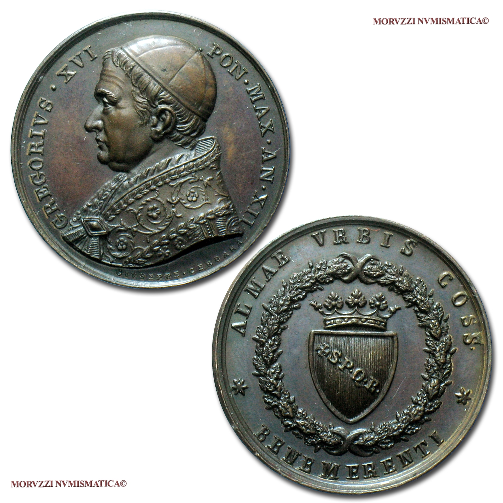 Stato Pontificio, GREGORIO XVI, MEDAGLIA PREMIO IN BRONZO, AN XII (1842), Benemerenti del Comune di Roma, Opus Giuseppe Cerbara, qFDC, (RRR), (Boccia 164) / Pope Gregory XVI BRONZE MEDALS (medaglie papali rare - medaglie pontificie) | Moruzzi Numismatica